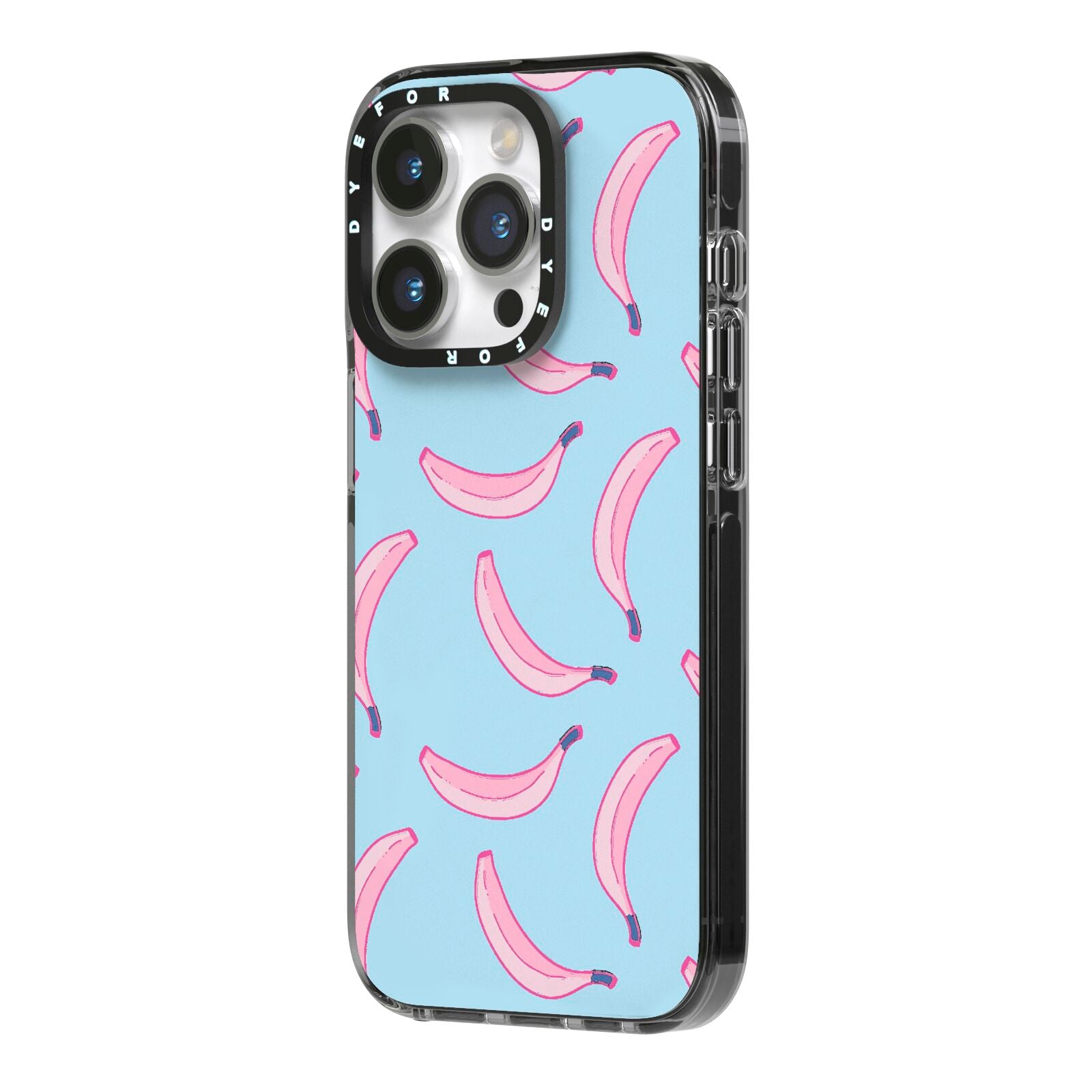 Pink Blue Bannana Fruit iPhone 14 Pro Black Impact Case Side Angle on Silver phone