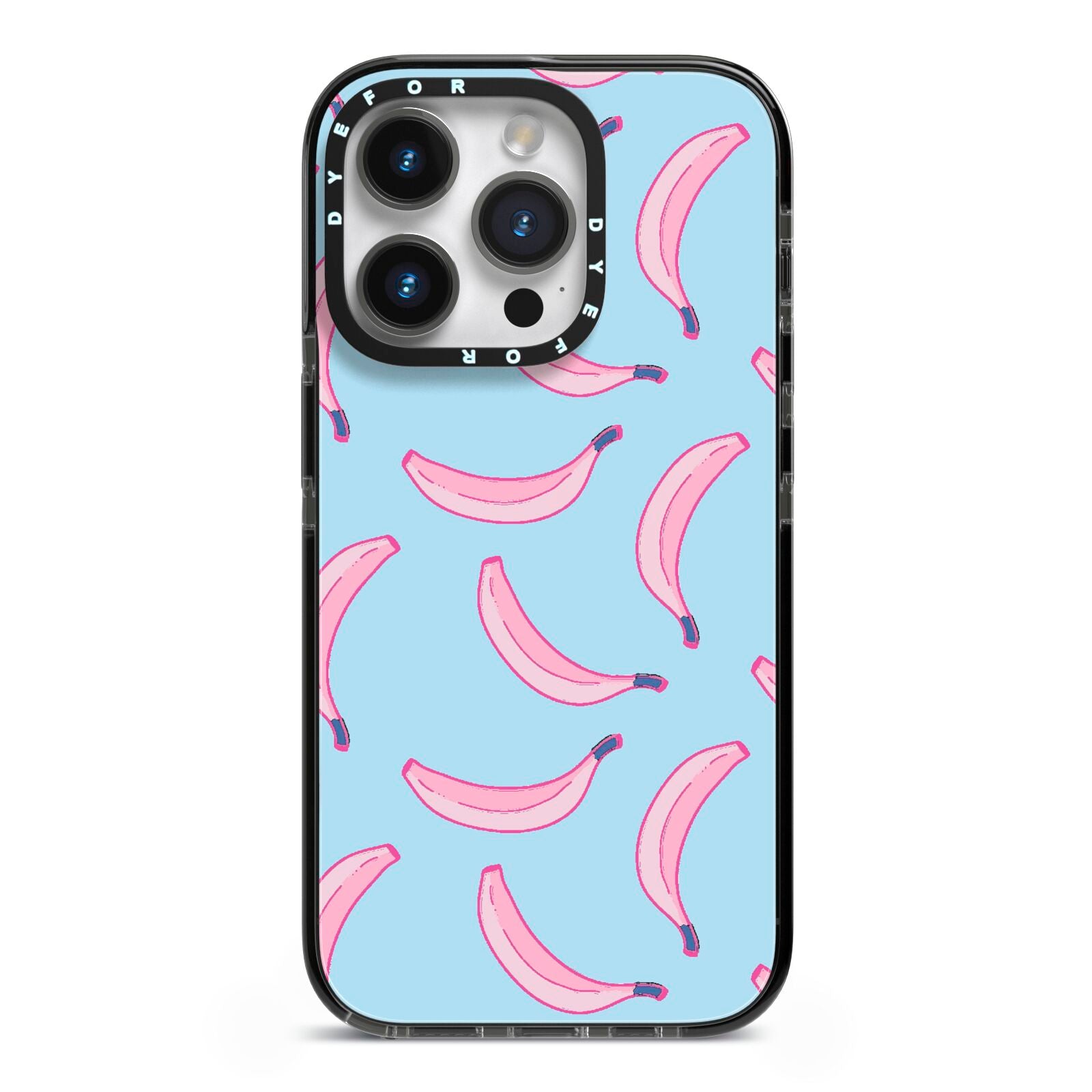 Pink Blue Bannana Fruit iPhone 14 Pro Black Impact Case on Silver phone