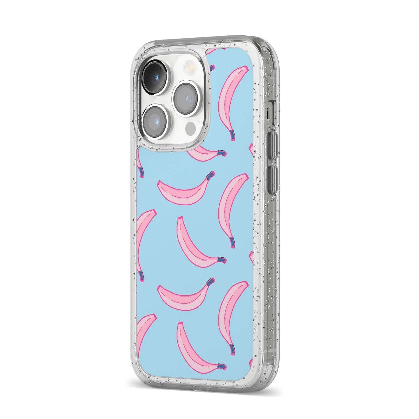 Pink Blue Bannana Fruit iPhone 14 Pro Glitter Tough Case Silver Angled Image