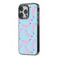Pink Blue Bannana Fruit iPhone 14 Pro Max Black Impact Case Side Angle on Silver phone