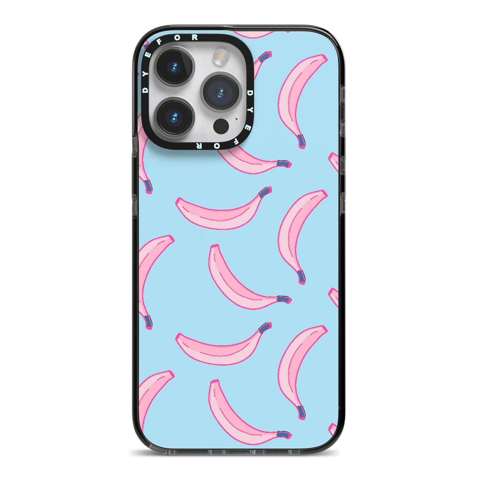 Pink Blue Bannana Fruit iPhone 14 Pro Max Black Impact Case on Silver phone
