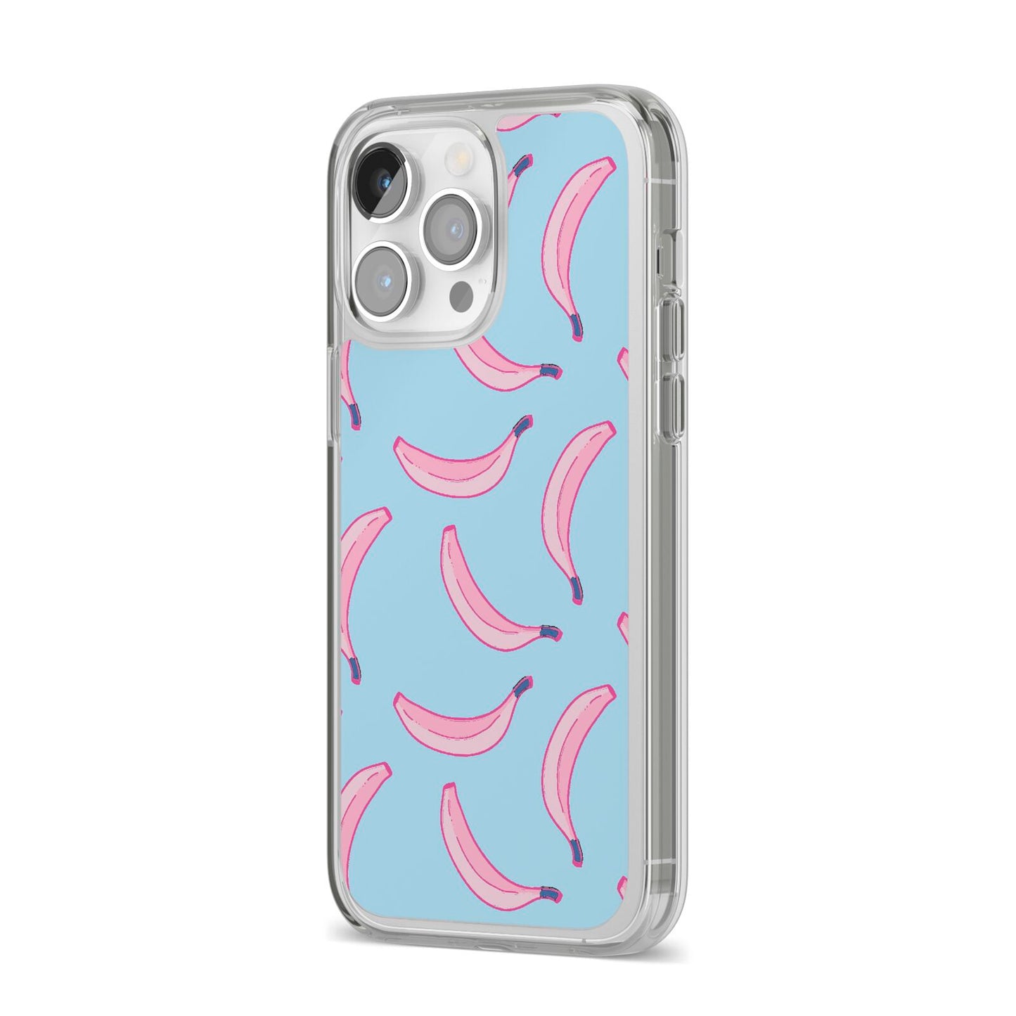 Pink Blue Bannana Fruit iPhone 14 Pro Max Clear Tough Case Silver Angled Image