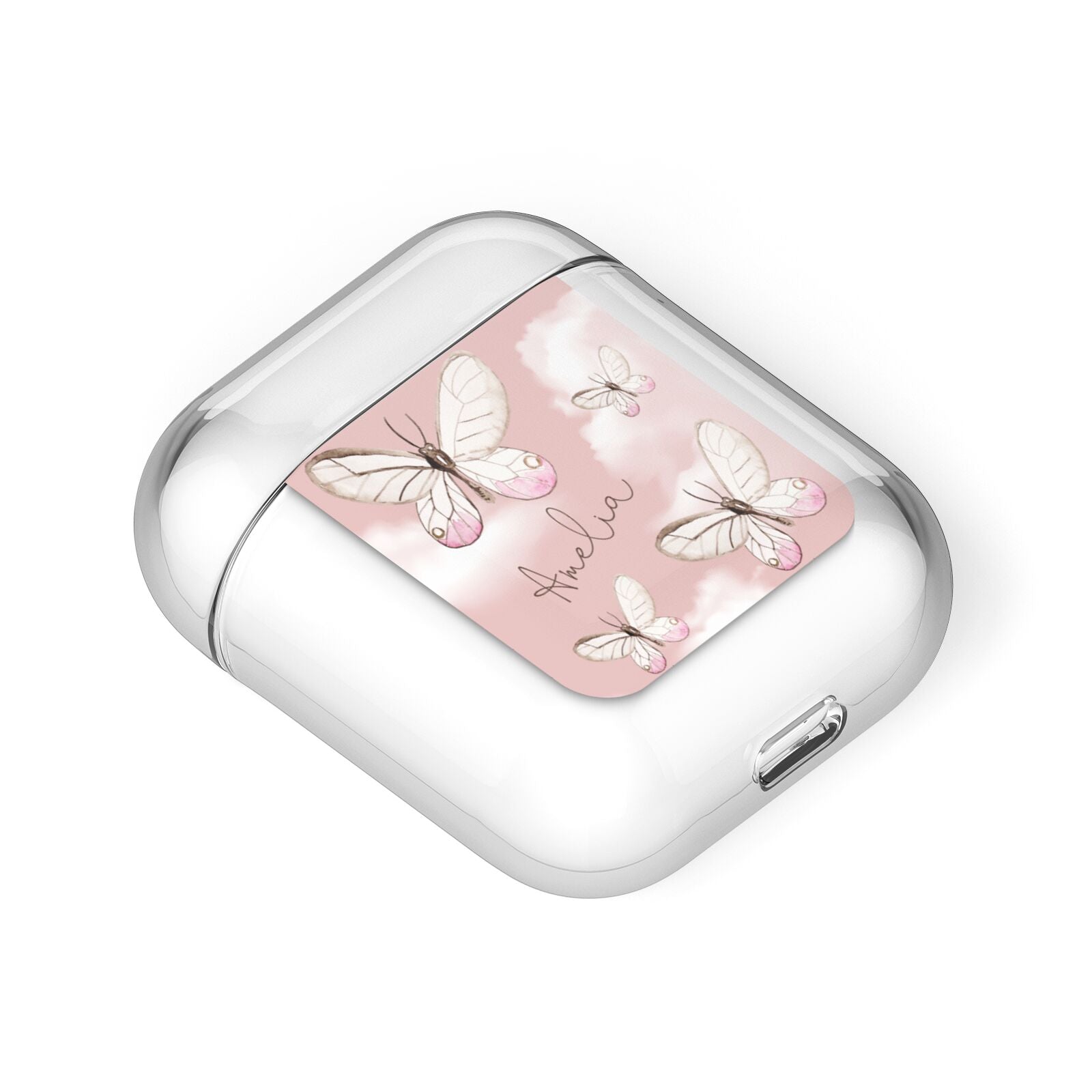 Pink Butterflies Personalised AirPods Case Laid Flat