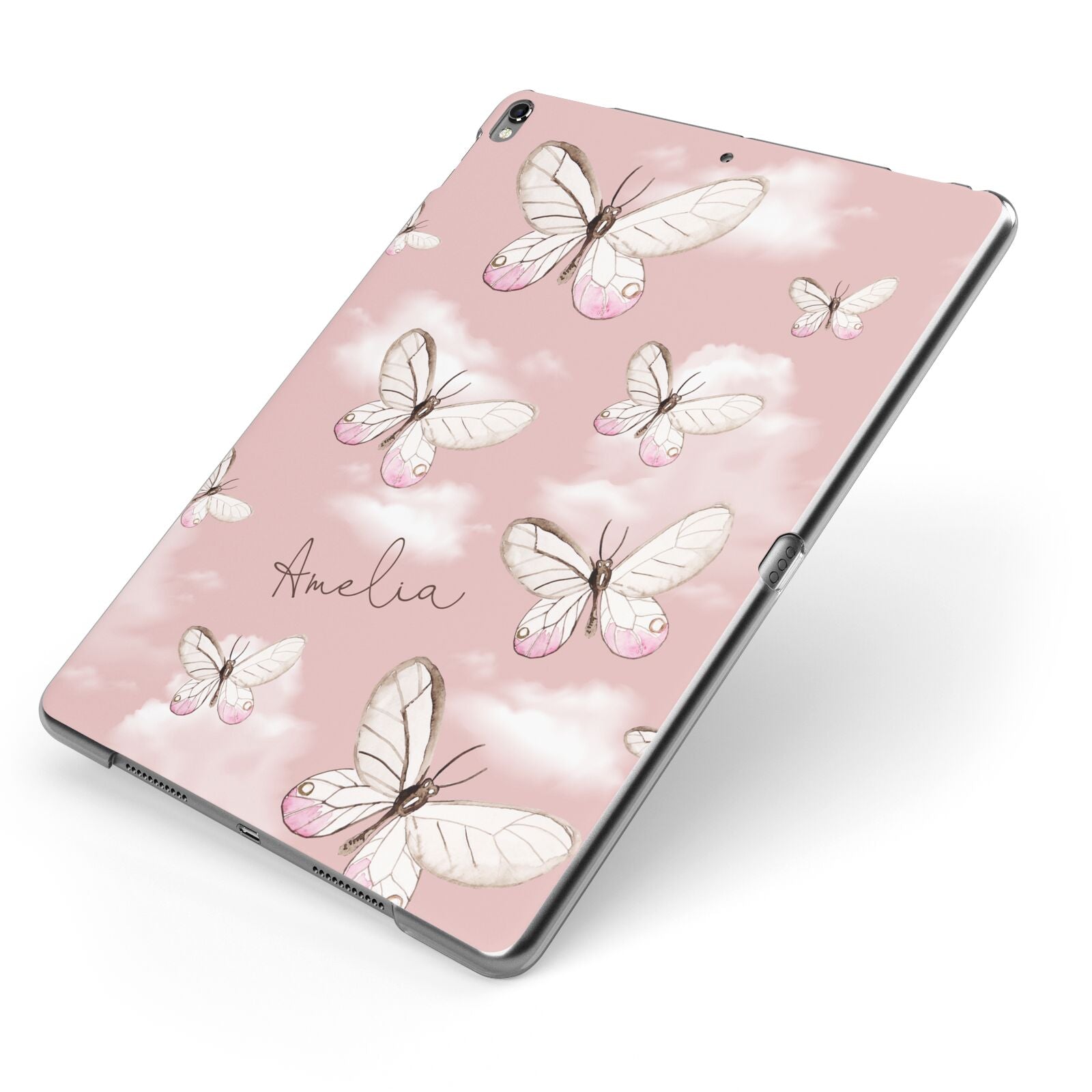 Pink Butterflies Personalised Apple iPad Case on Grey iPad Side View