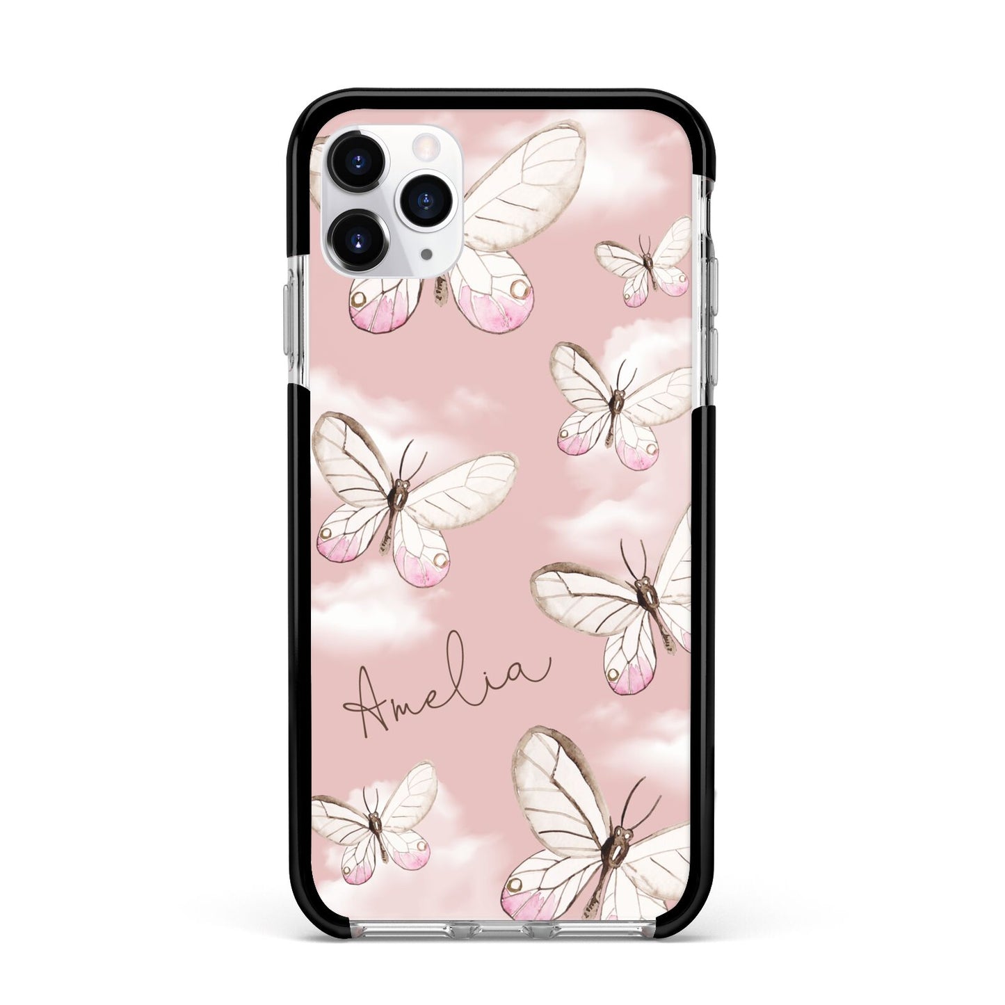 Pink Butterflies Personalised Apple iPhone 11 Pro Max in Silver with Black Impact Case