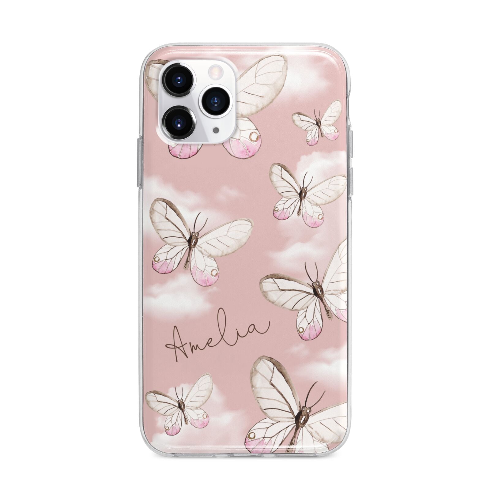 Pink Butterflies Personalised Apple iPhone 11 Pro Max in Silver with Bumper Case