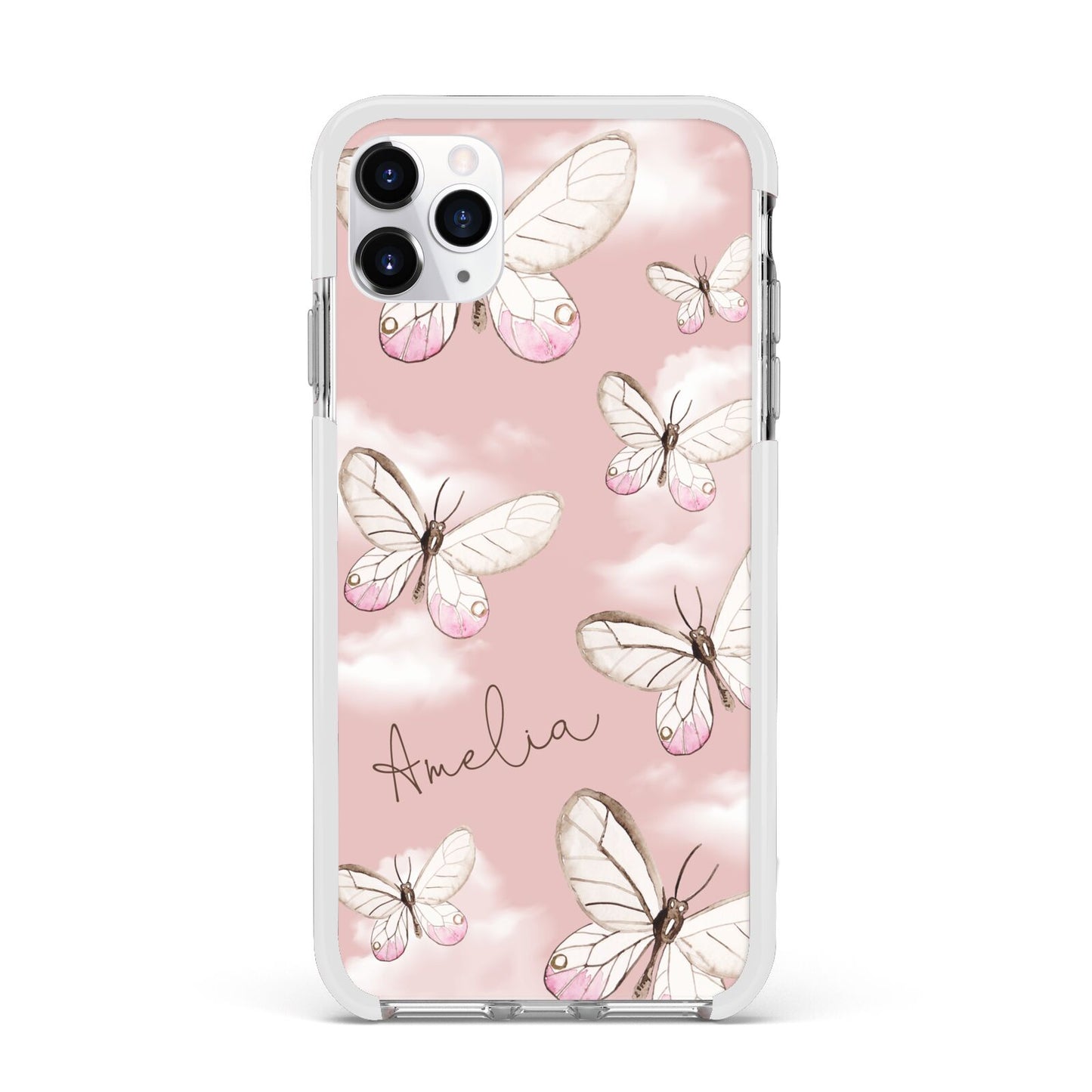 Pink Butterflies Personalised Apple iPhone 11 Pro Max in Silver with White Impact Case