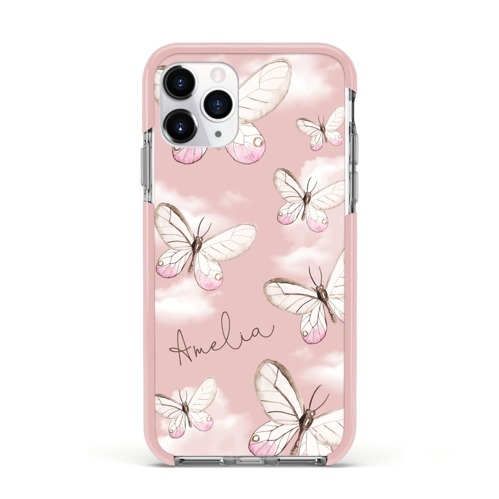 Pink Butterflies Personalised Apple iPhone 11 Pro in Silver with Pink Impact Case