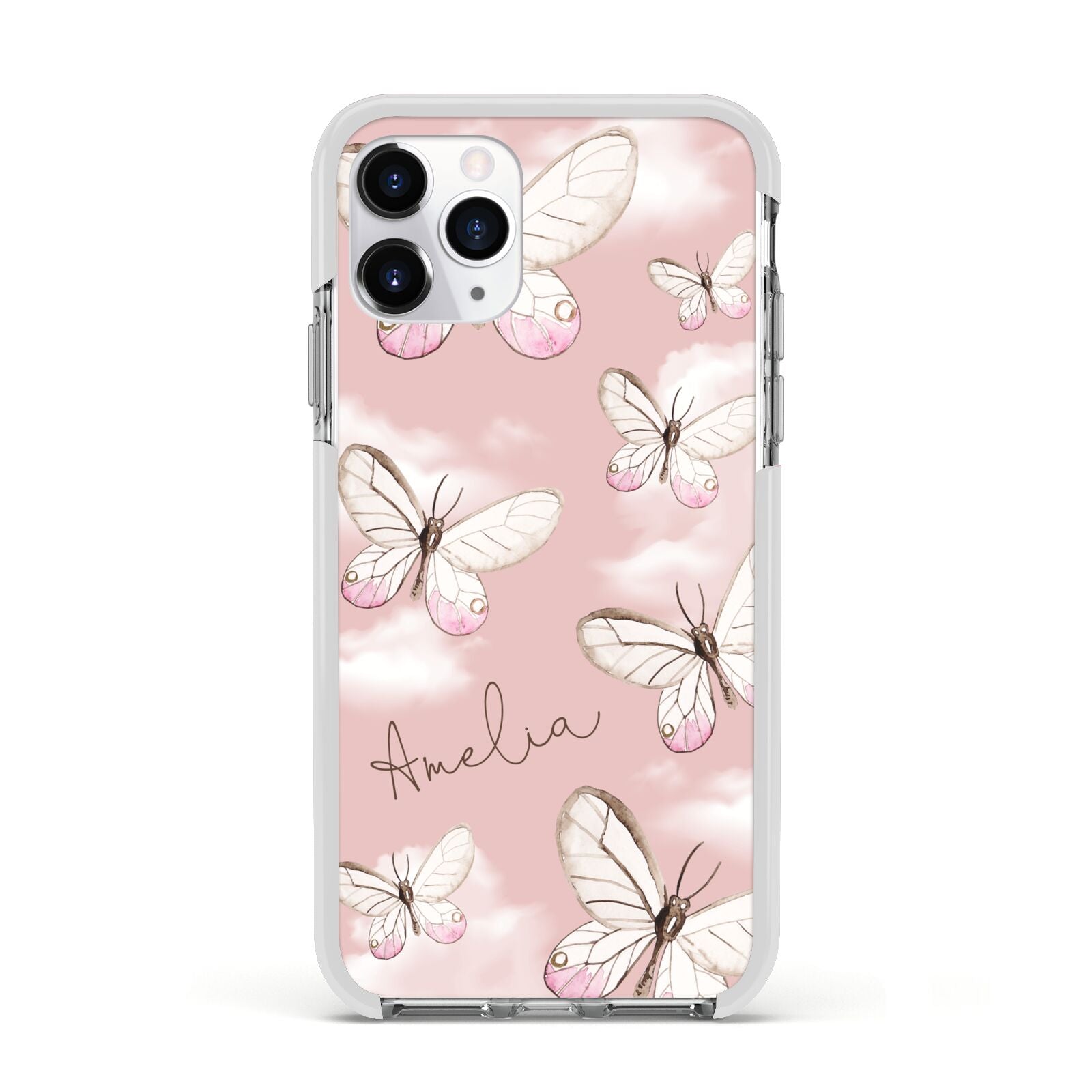 Pink Butterflies Personalised Apple iPhone 11 Pro in Silver with White Impact Case