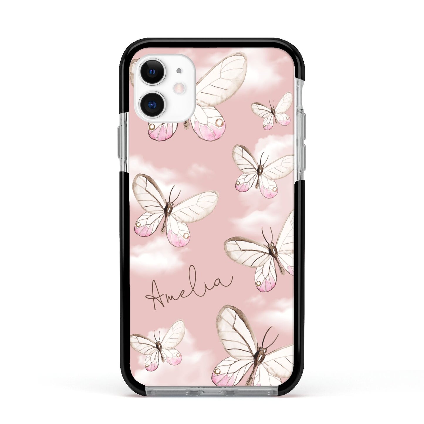 Pink Butterflies Personalised Apple iPhone 11 in White with Black Impact Case