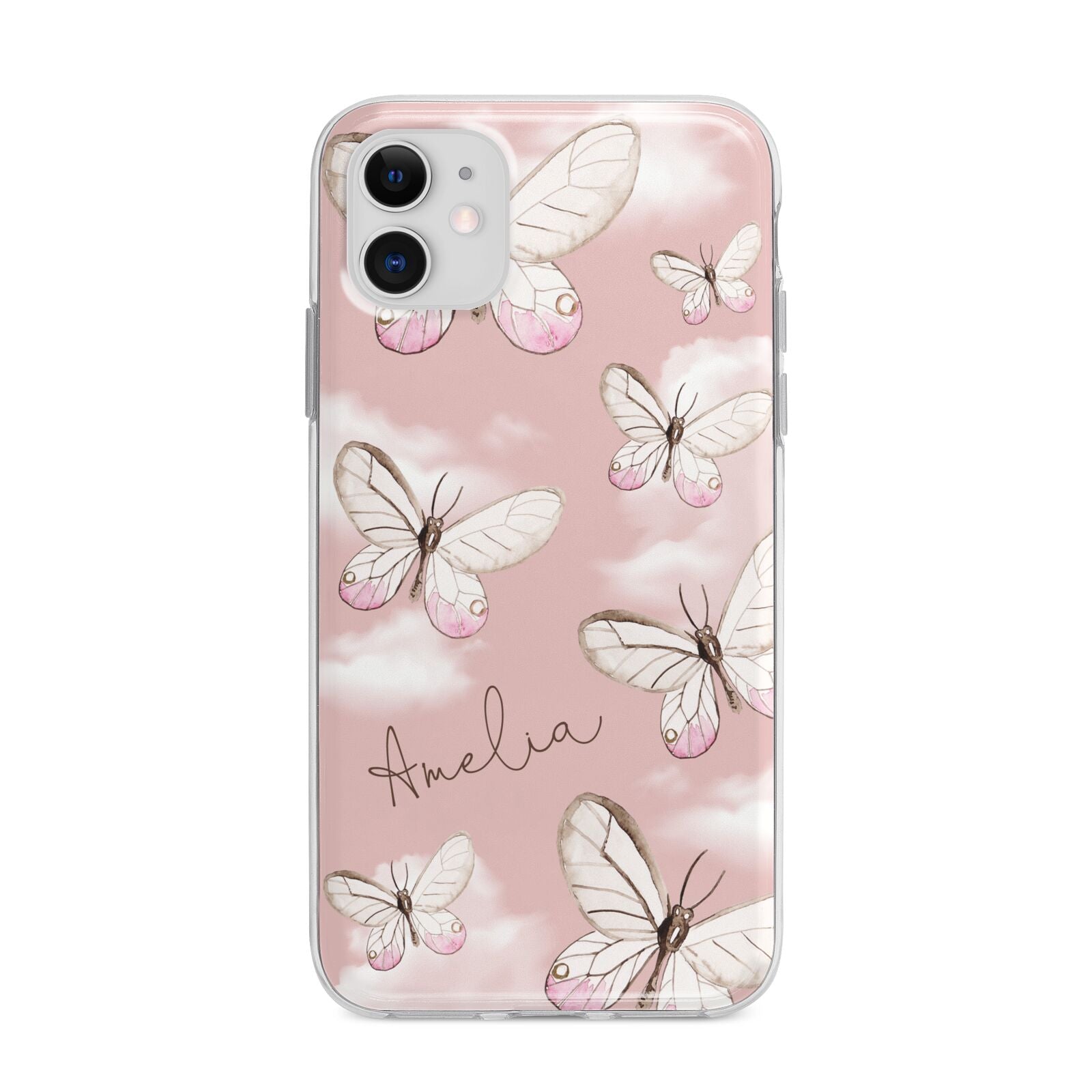 Pink Butterflies Personalised Apple iPhone 11 in White with Bumper Case