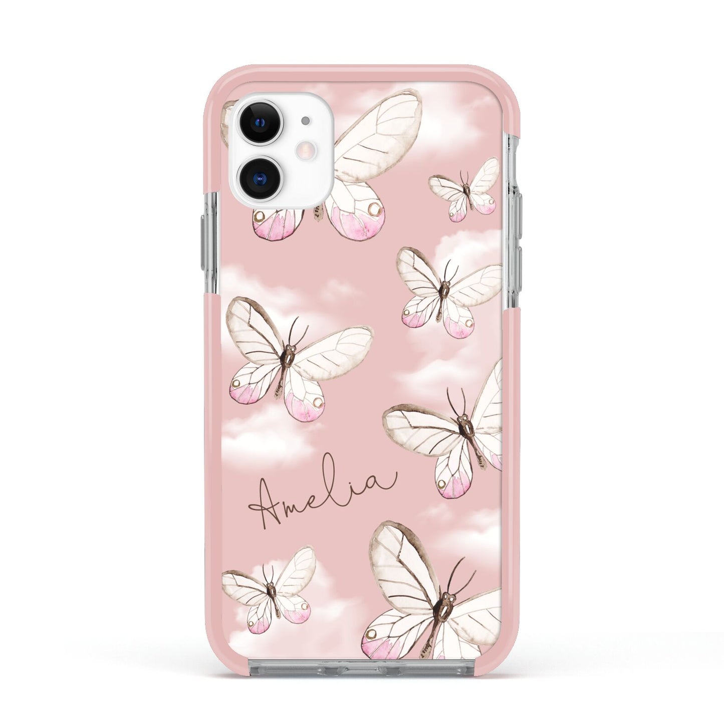 Pink Butterflies Personalised Apple iPhone 11 in White with Pink Impact Case