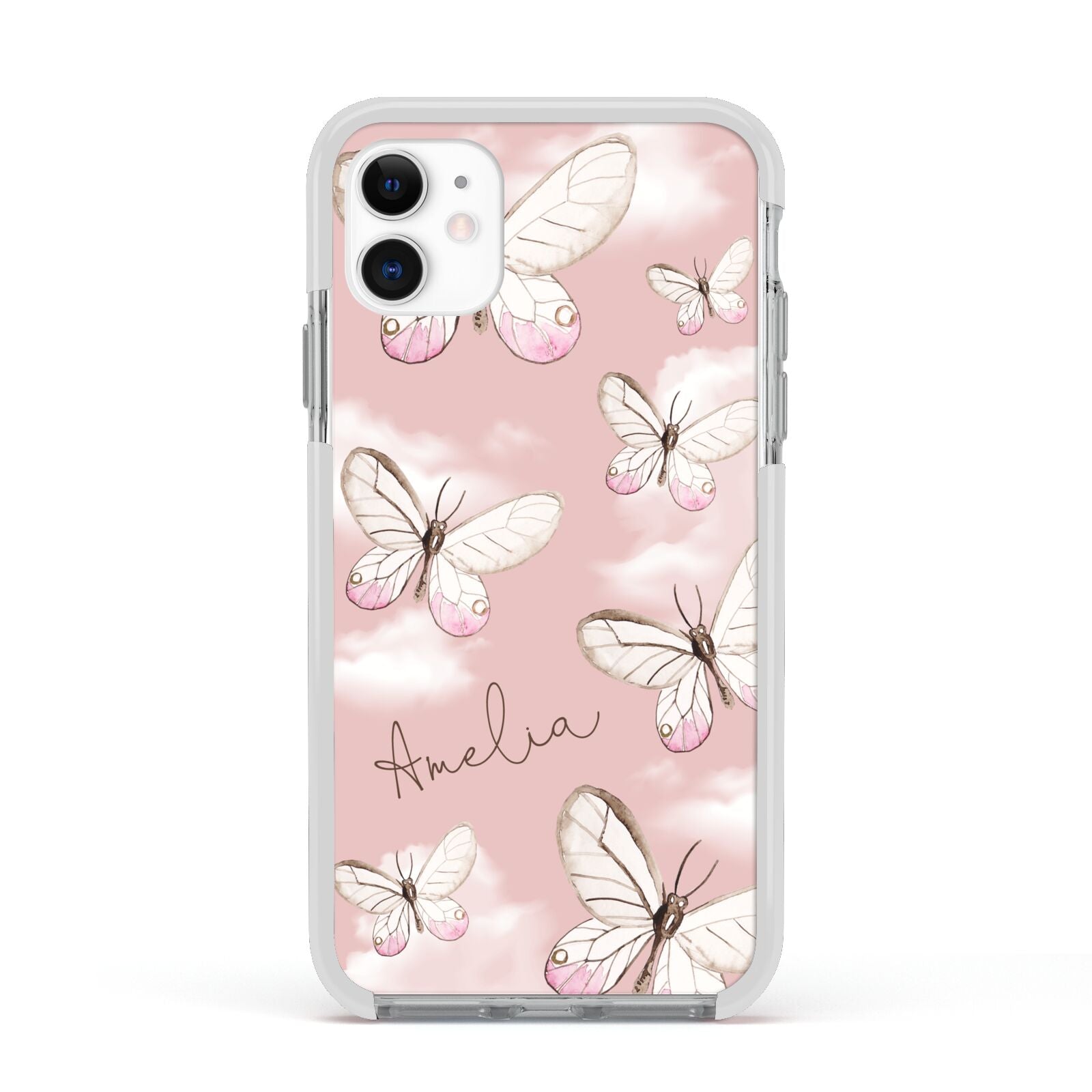 Pink Butterflies Personalised Apple iPhone 11 in White with White Impact Case