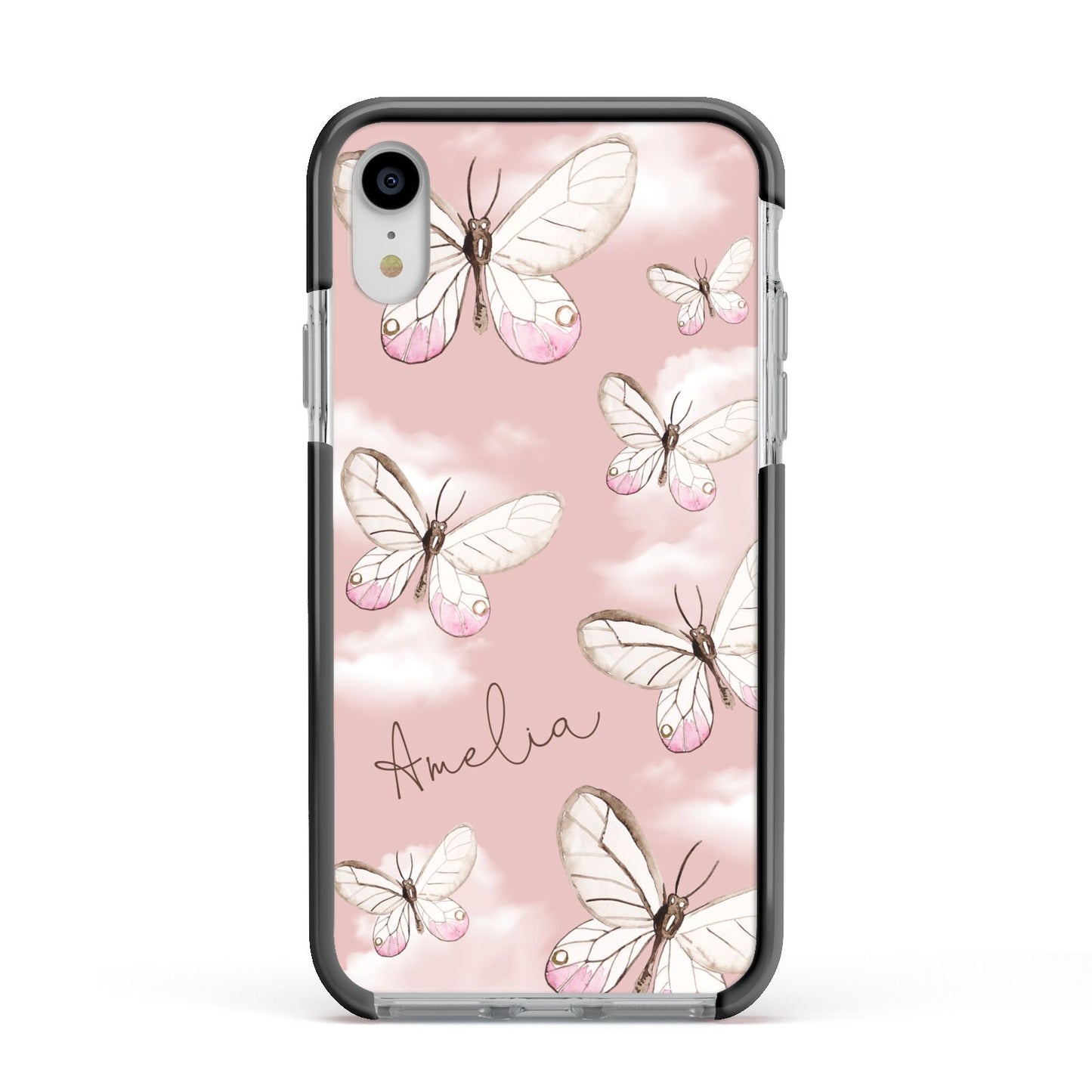 Pink Butterflies Personalised Apple iPhone XR Impact Case Black Edge on Silver Phone