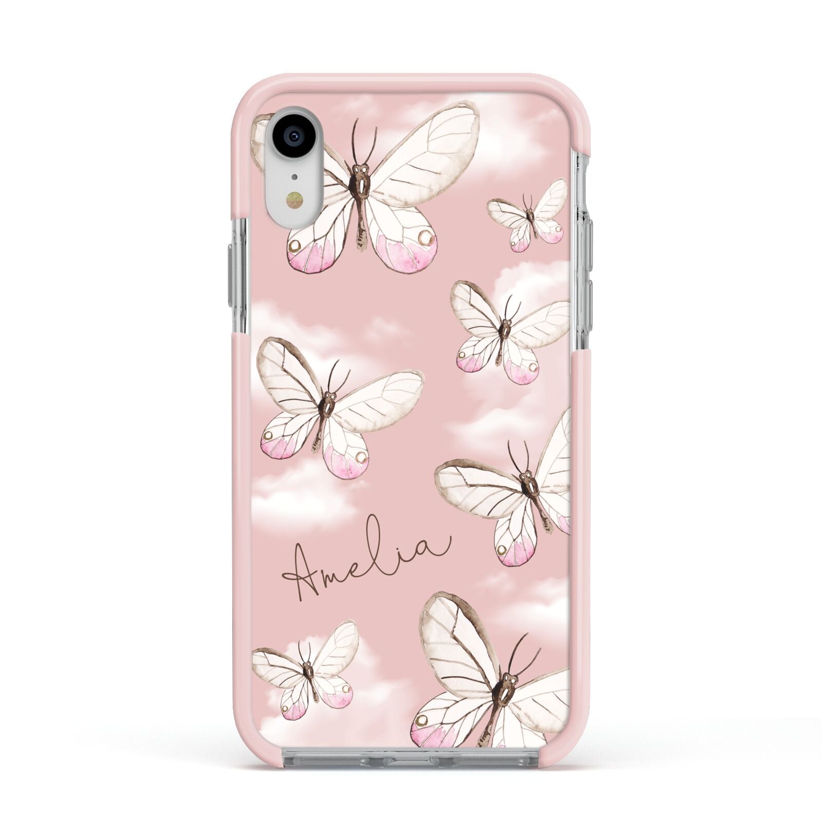 Pink Butterflies Personalised Apple iPhone XR Impact Case Pink Edge on Silver Phone