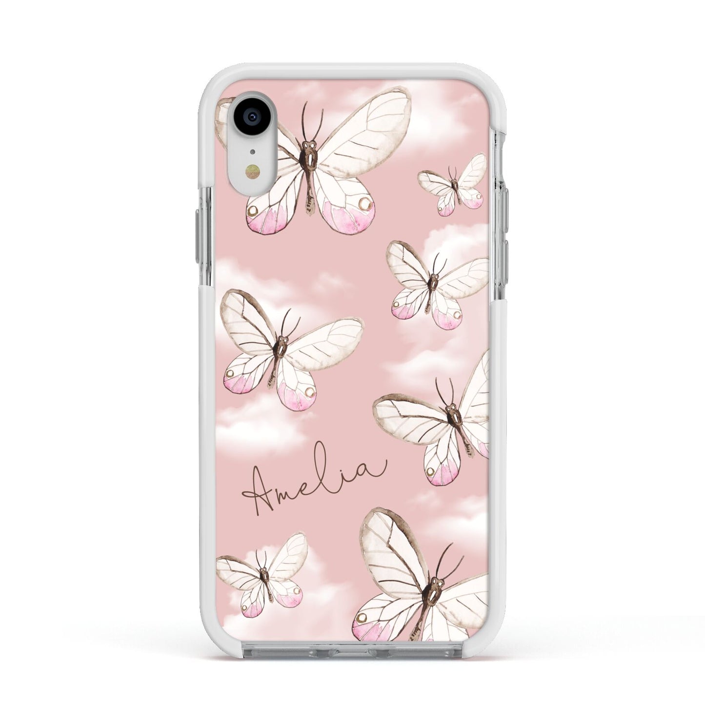 Pink Butterflies Personalised Apple iPhone XR Impact Case White Edge on Silver Phone