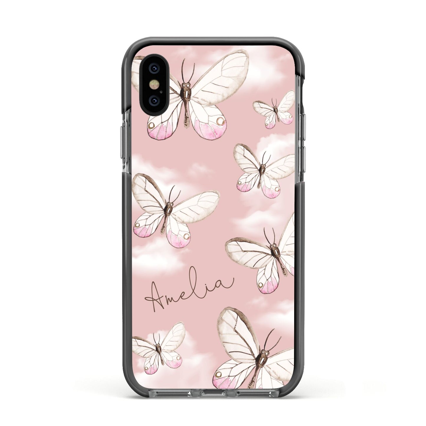 Pink Butterflies Personalised Apple iPhone Xs Impact Case Black Edge on Black Phone