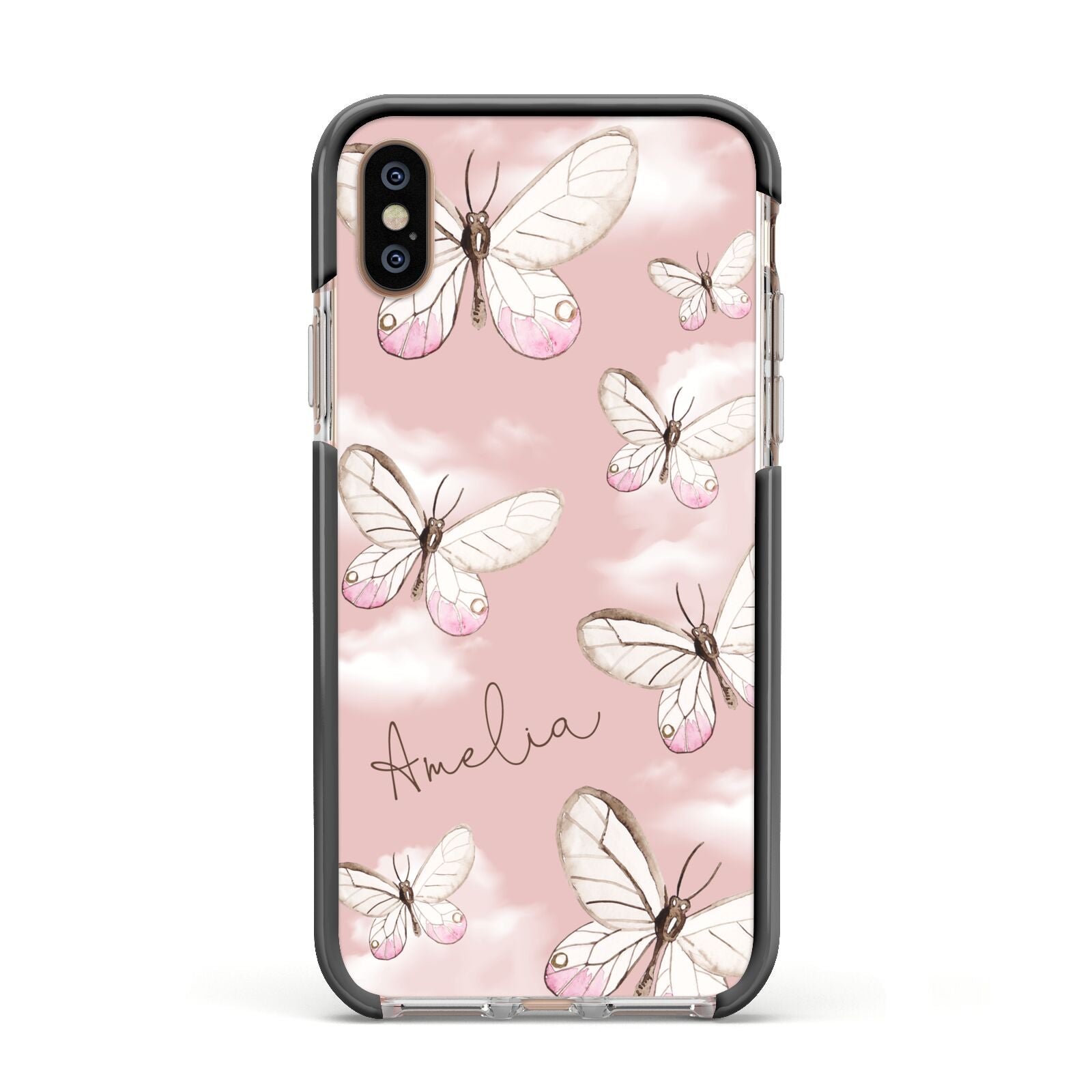 Pink Butterflies Personalised Apple iPhone Xs Impact Case Black Edge on Gold Phone