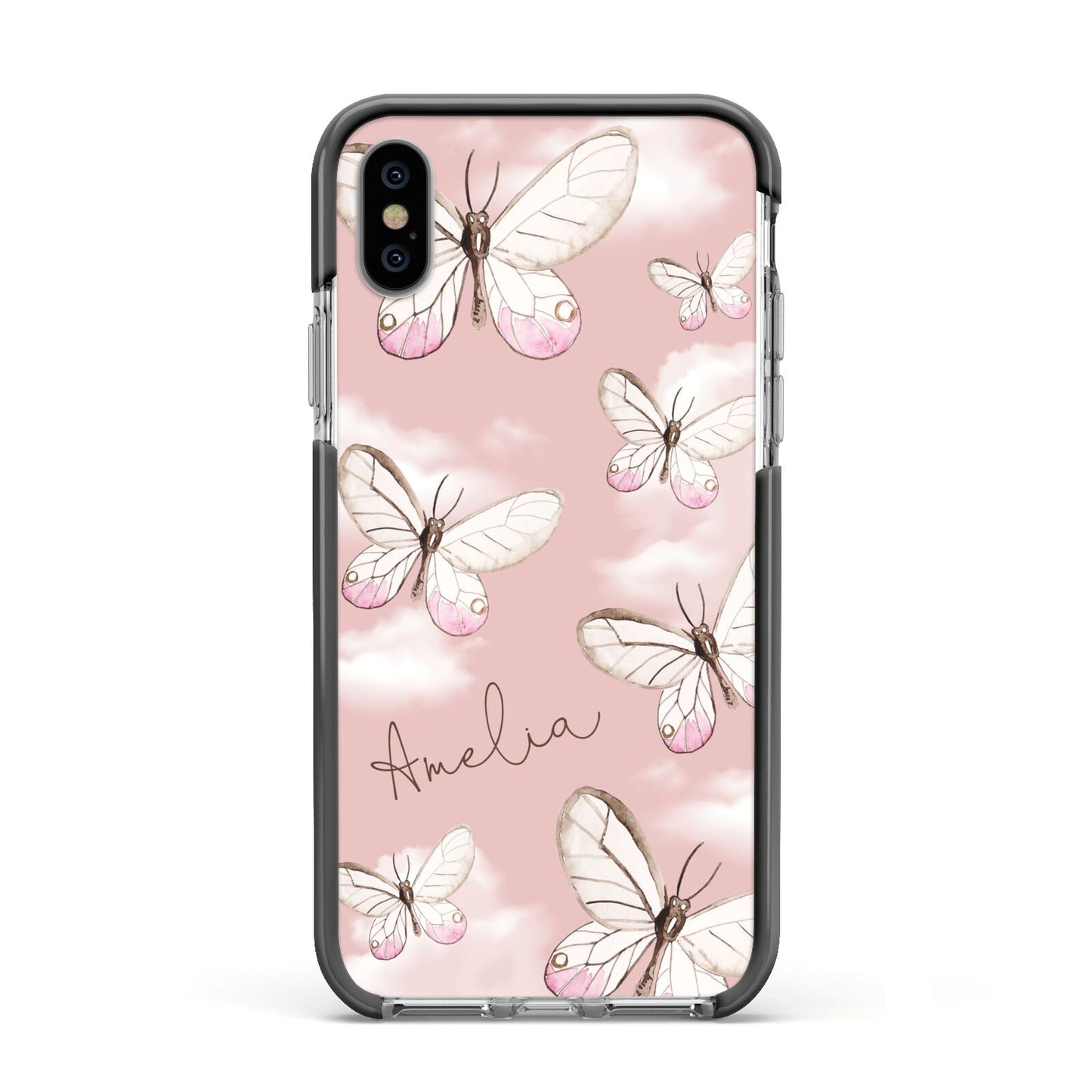 Pink Butterflies Personalised Apple iPhone Xs Impact Case Black Edge on Silver Phone