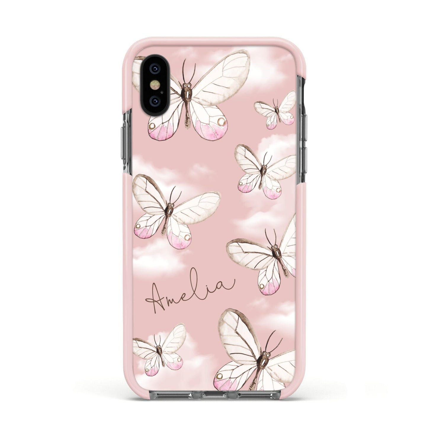 Pink Butterflies Personalised Apple iPhone Xs Impact Case Pink Edge on Black Phone