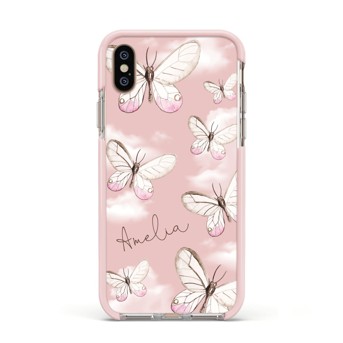 Pink Butterflies Personalised Apple iPhone Xs Impact Case Pink Edge on Gold Phone