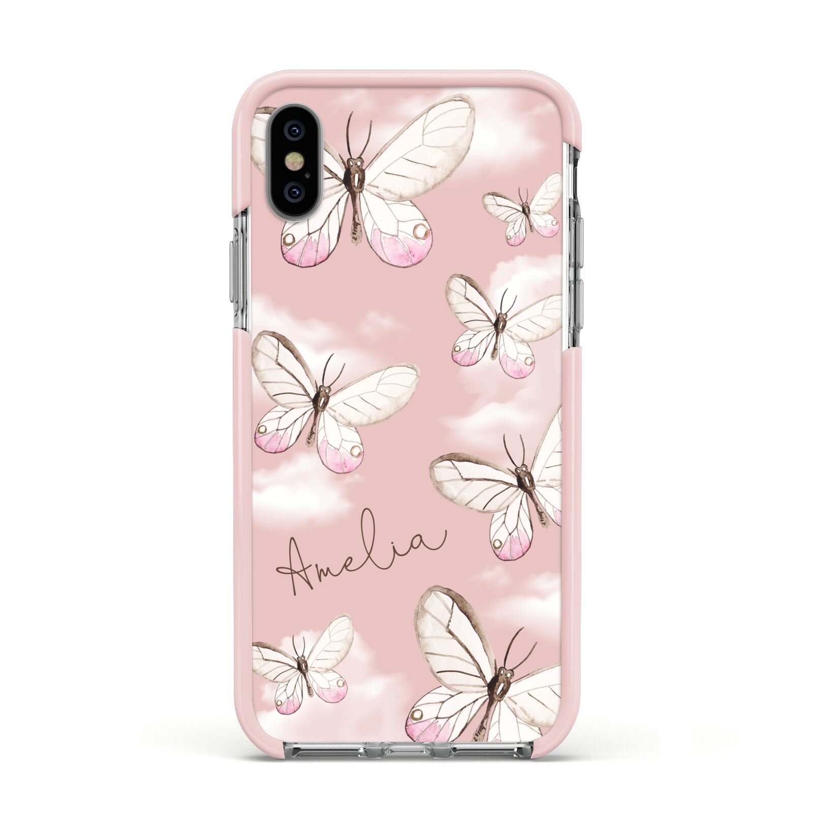 Pink Butterflies Personalised Apple iPhone Xs Impact Case Pink Edge on Silver Phone