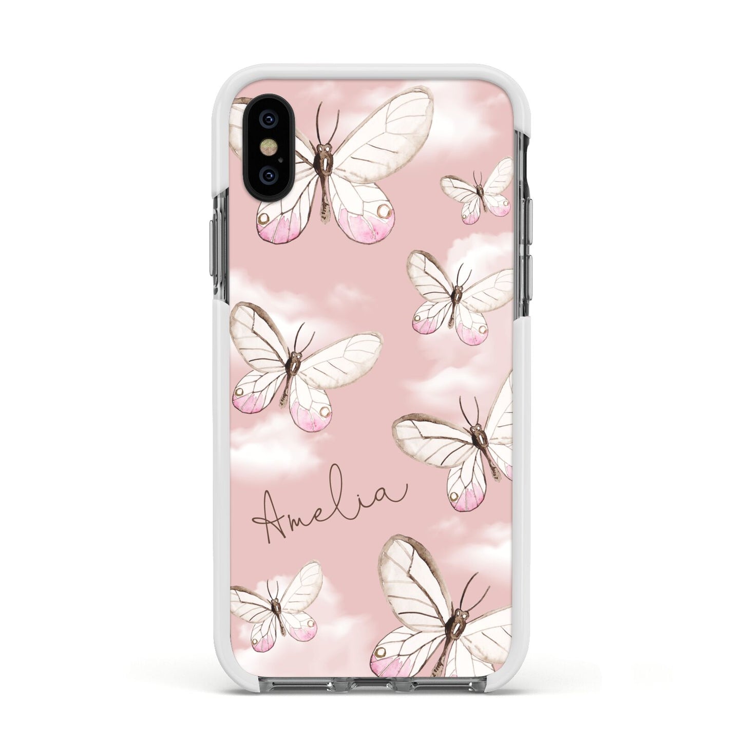 Pink Butterflies Personalised Apple iPhone Xs Impact Case White Edge on Black Phone