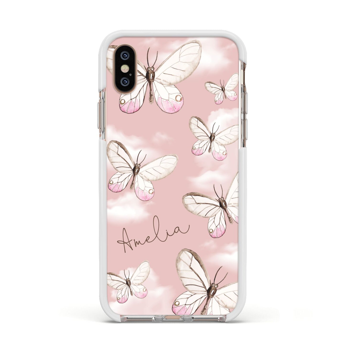 Pink Butterflies Personalised Apple iPhone Xs Impact Case White Edge on Gold Phone