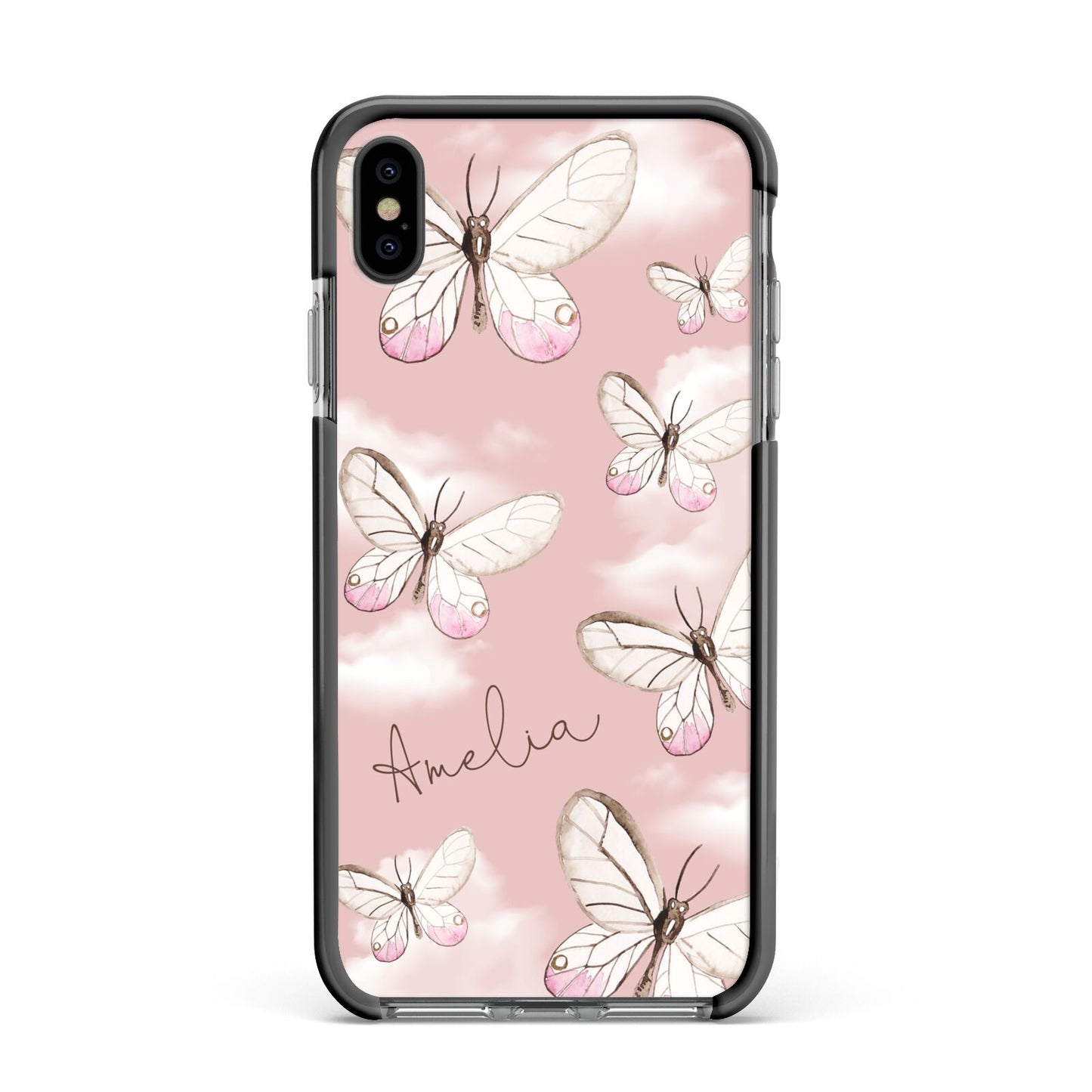 Pink Butterflies Personalised Apple iPhone Xs Max Impact Case Black Edge on Black Phone