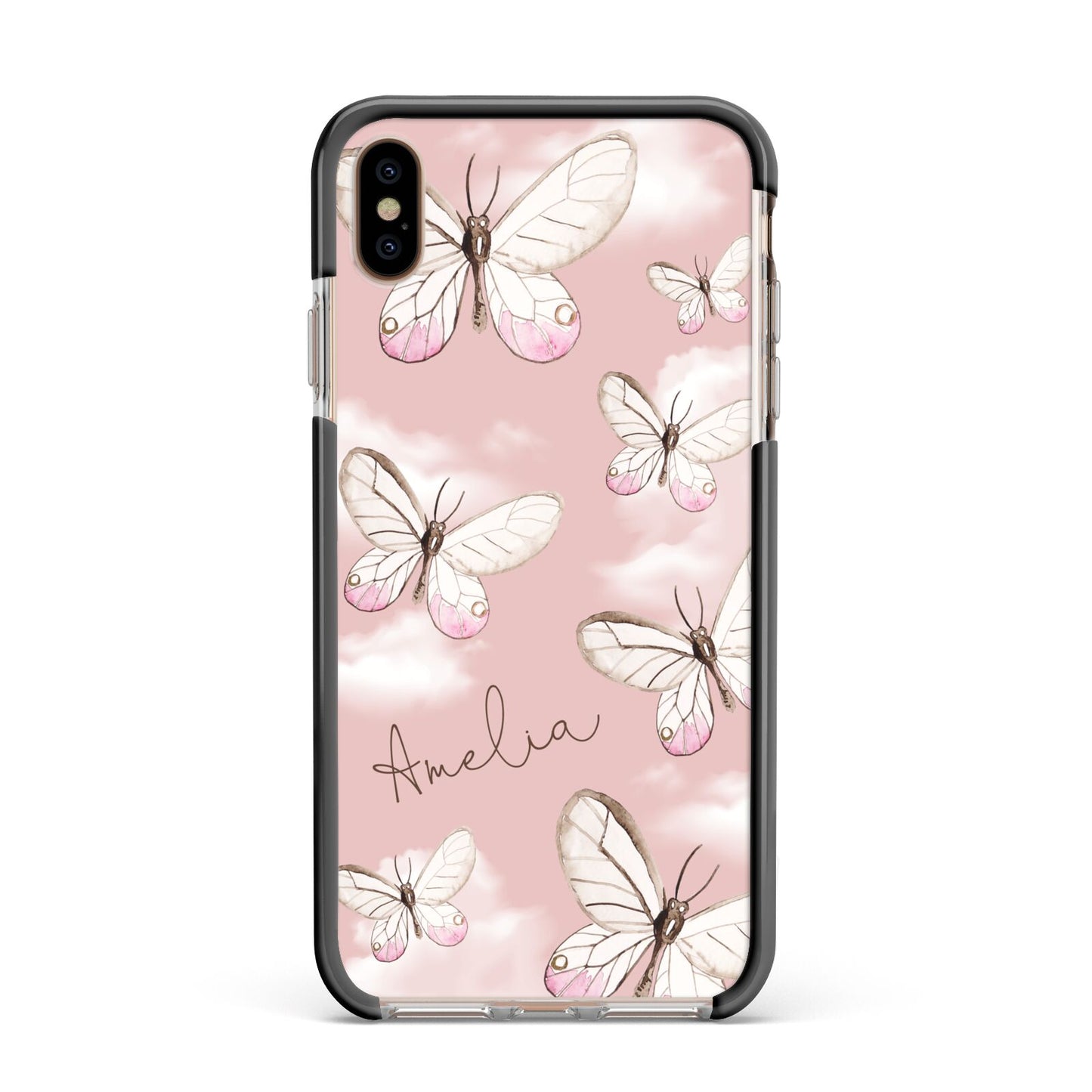 Pink Butterflies Personalised Apple iPhone Xs Max Impact Case Black Edge on Gold Phone