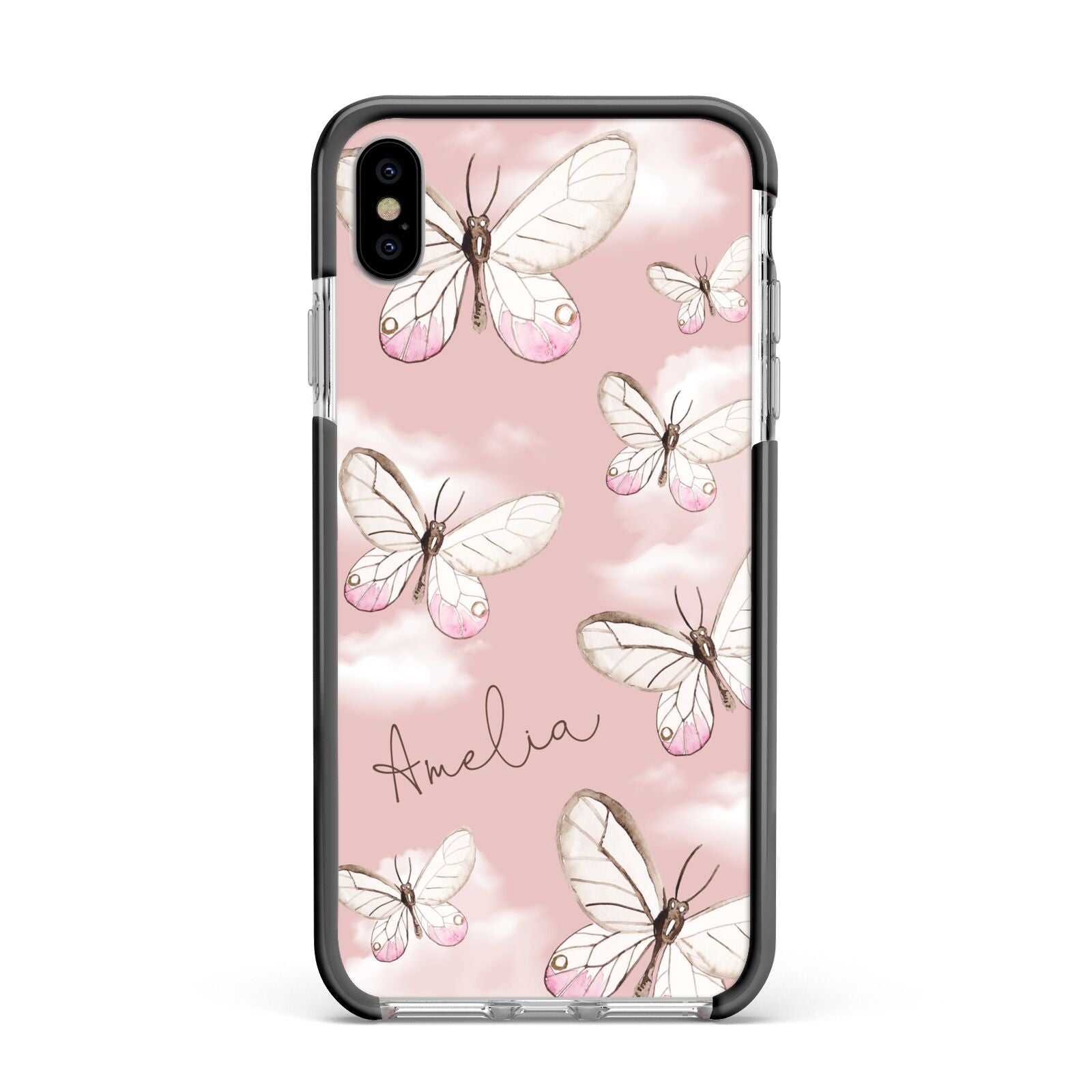 Pink Butterflies Personalised Apple iPhone Xs Max Impact Case Black Edge on Silver Phone