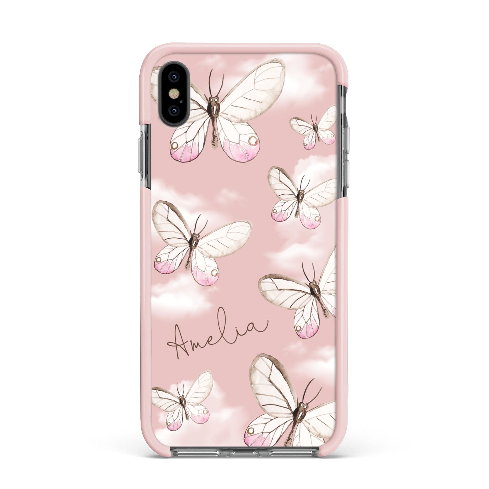 Pink Butterflies Personalised Apple iPhone Xs Max Impact Case Pink Edge on Black Phone