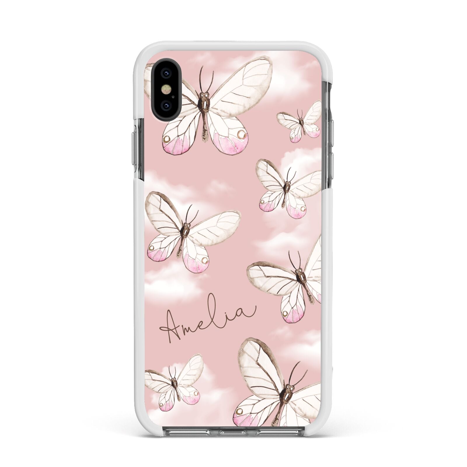 Pink Butterflies Personalised Apple iPhone Xs Max Impact Case White Edge on Black Phone