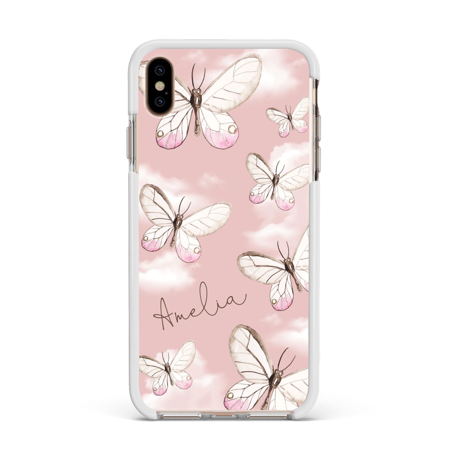 Pink Butterflies Personalised Apple iPhone Xs Max Impact Case White Edge on Gold Phone