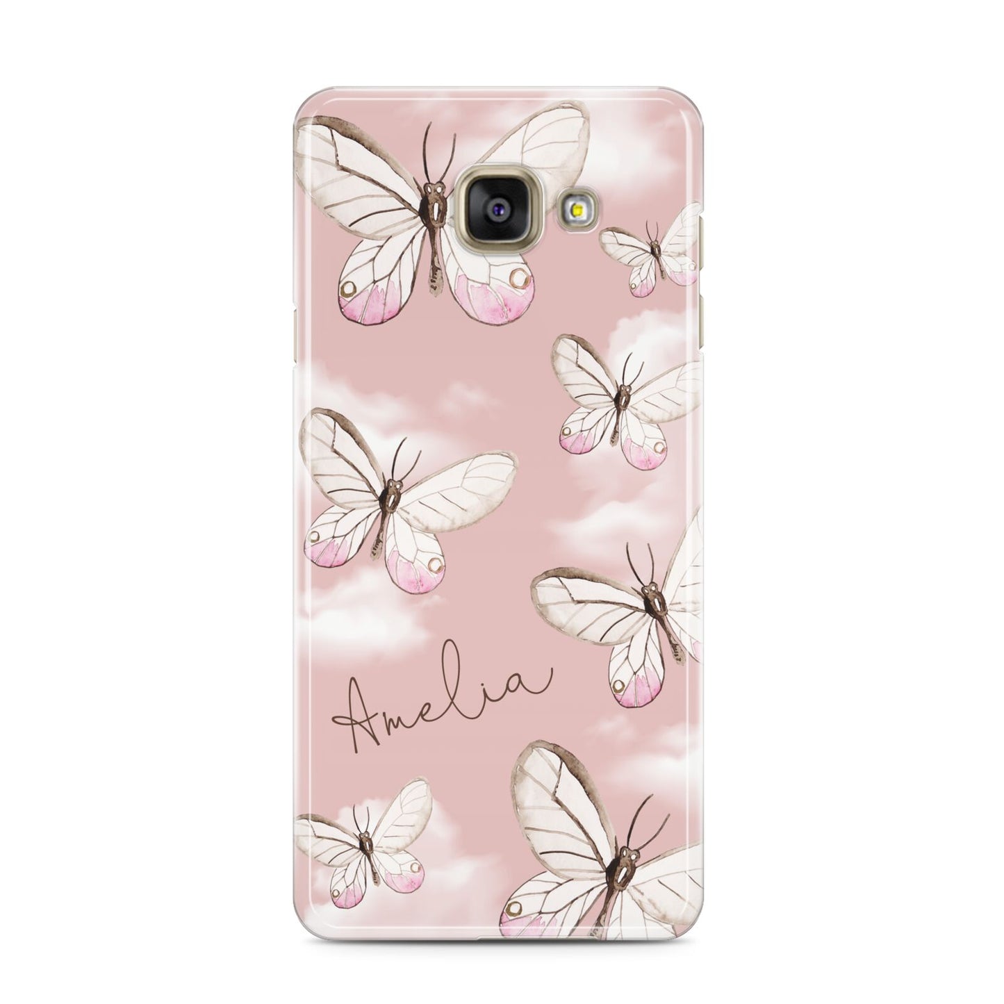 Pink Butterflies Personalised Samsung Galaxy A3 2016 Case on gold phone