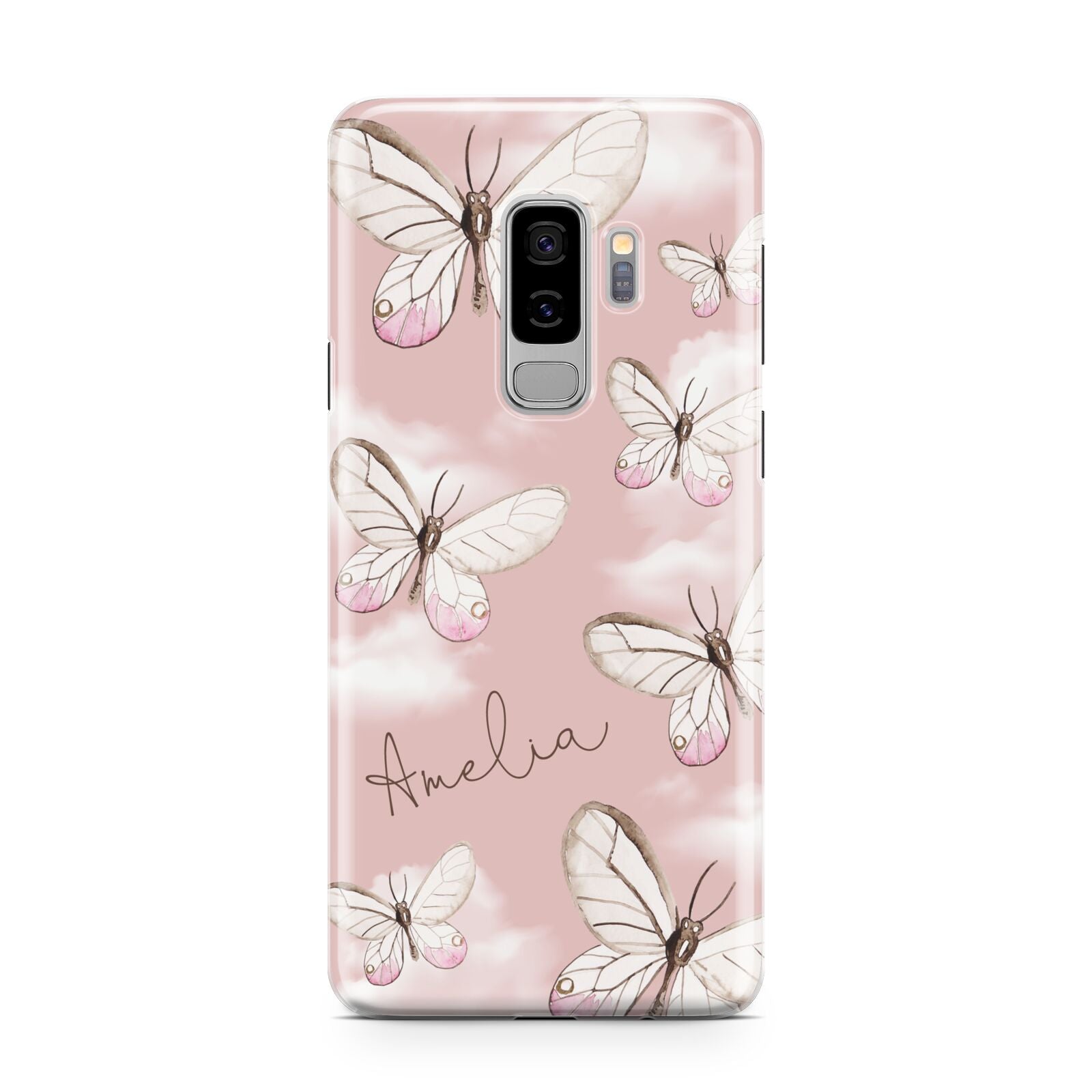 Pink Butterflies Personalised Samsung Galaxy S9 Plus Case on Silver phone