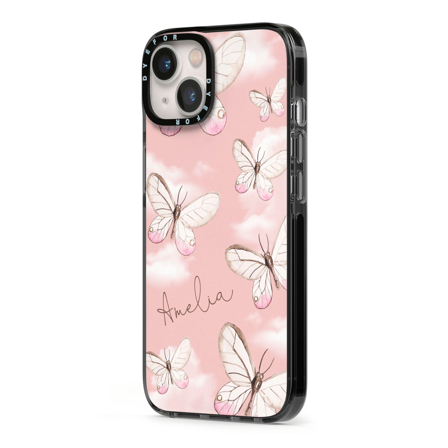 Pink Butterflies Personalised iPhone 13 Black Impact Case Side Angle on Silver phone