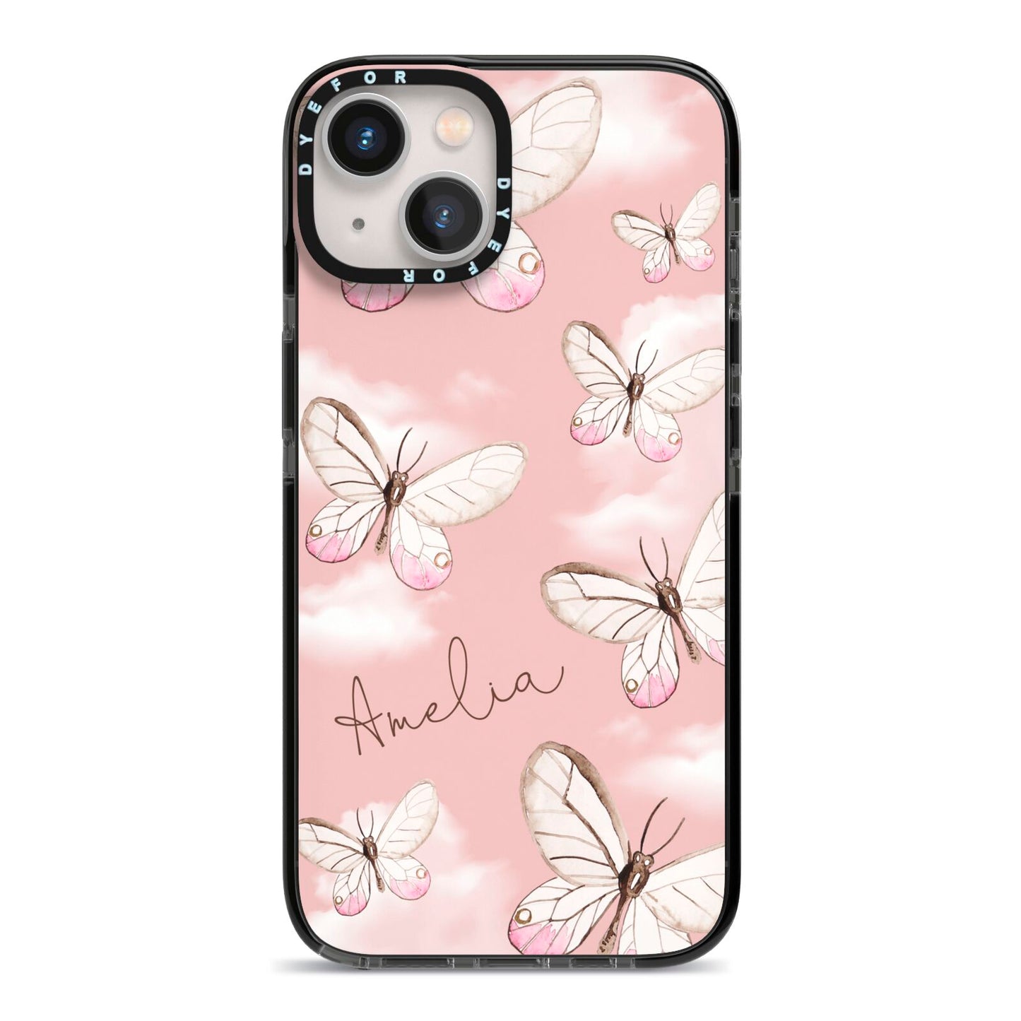 Pink Butterflies Personalised iPhone 13 Black Impact Case on Silver phone