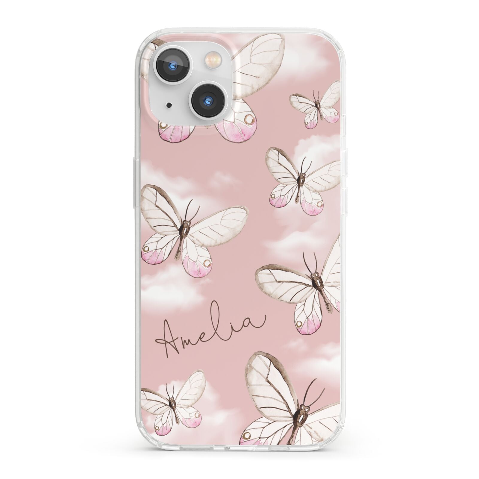 Pink Butterflies Personalised iPhone 13 Clear Bumper Case