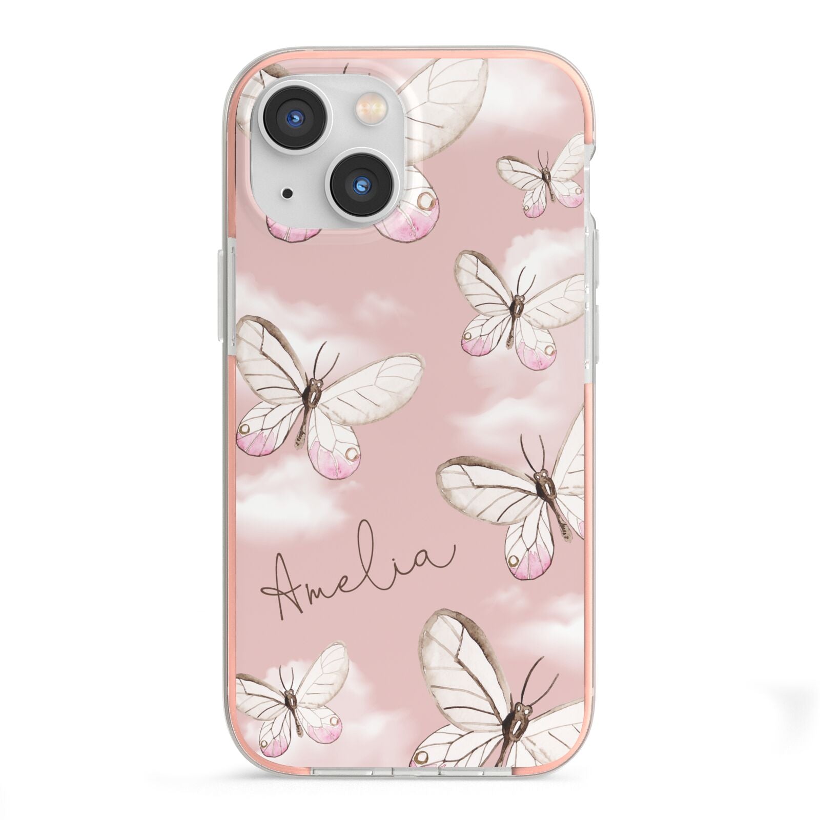 Pink Butterflies Personalised iPhone 13 Mini TPU Impact Case with Pink Edges