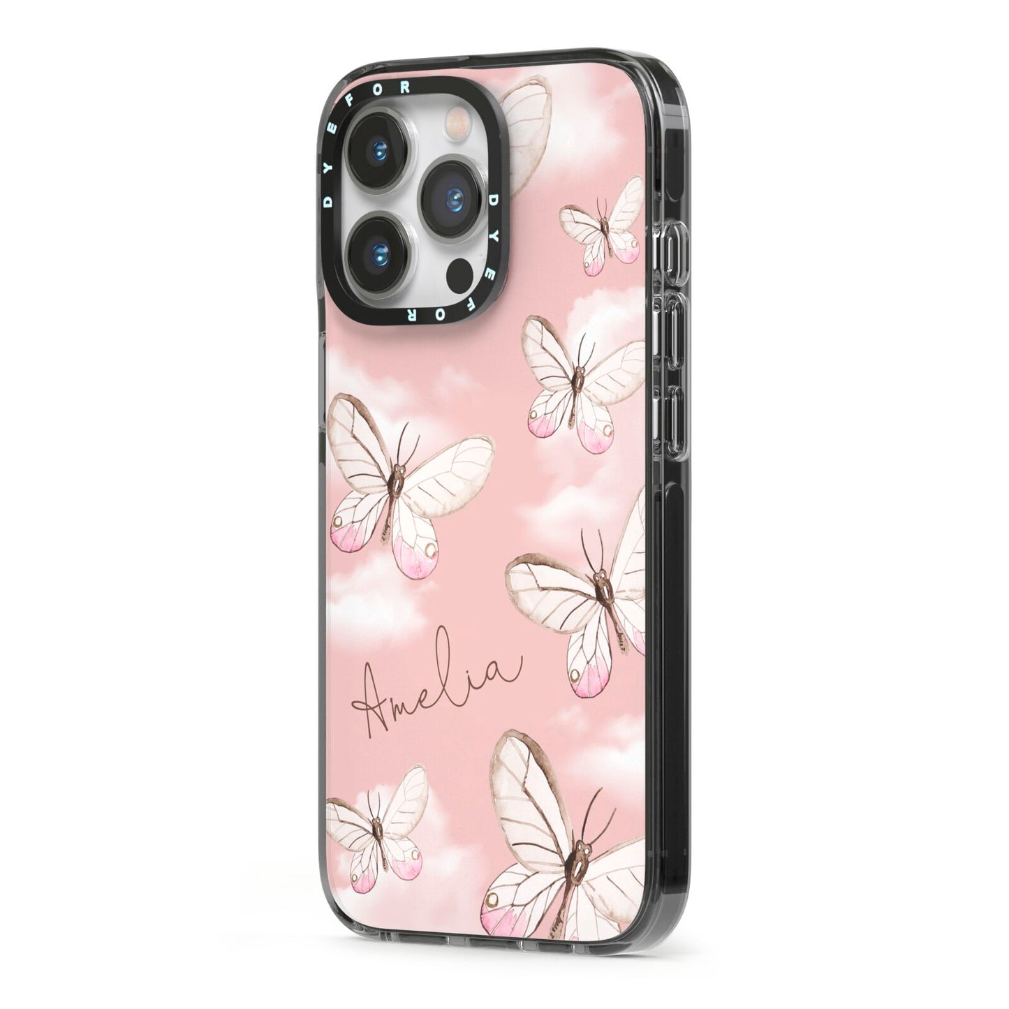 Pink Butterflies Personalised iPhone 13 Pro Black Impact Case Side Angle on Silver phone