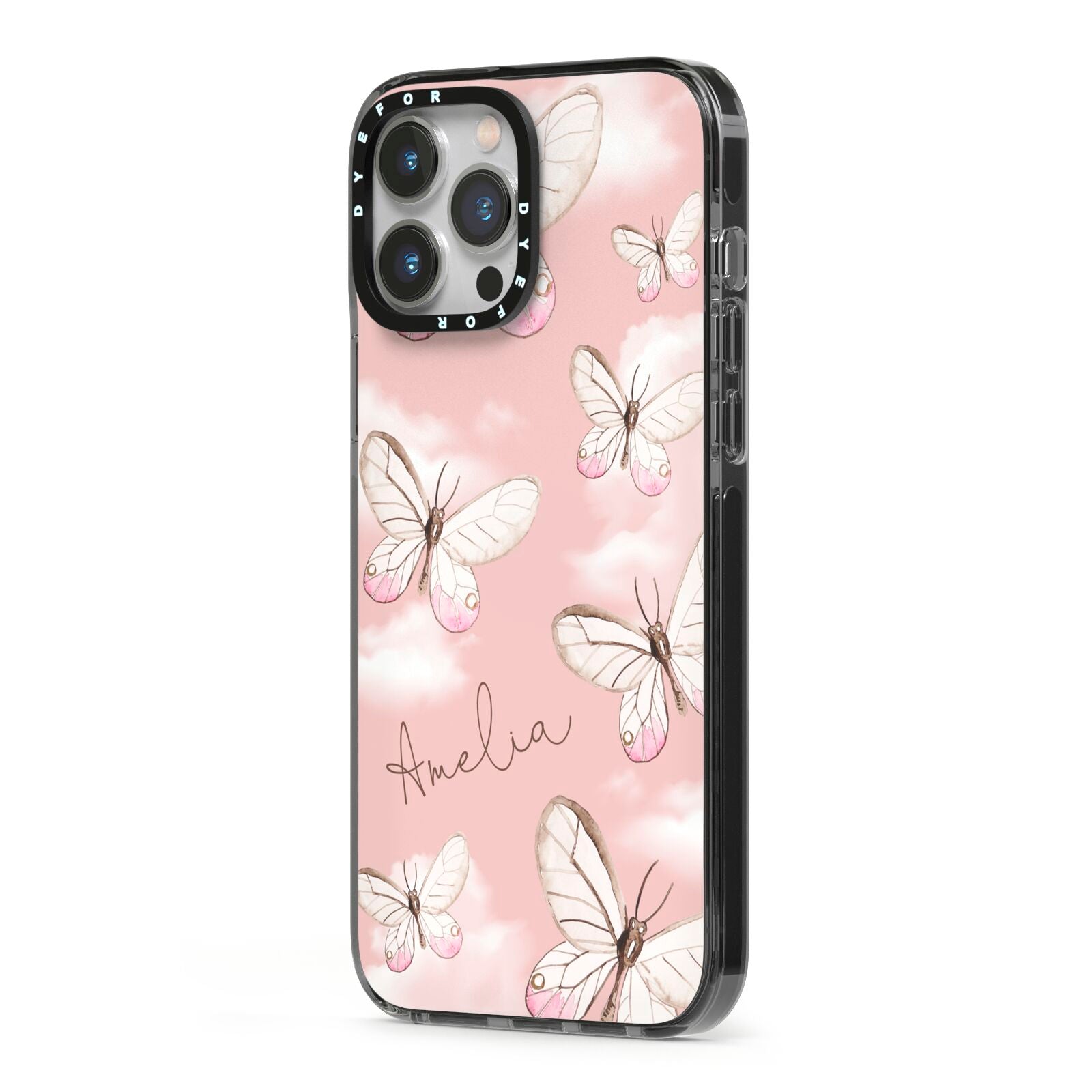 Pink Butterflies Personalised iPhone 13 Pro Max Black Impact Case Side Angle on Silver phone