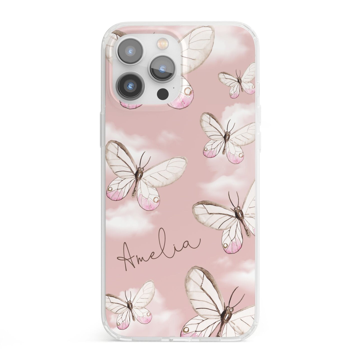 Pink Butterflies Personalised iPhone 13 Pro Max Clear Bumper Case