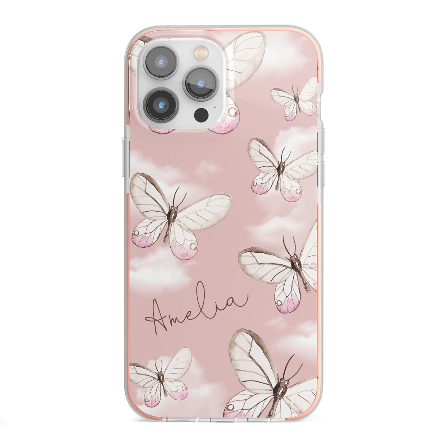 Pink Butterflies Personalised iPhone 13 Pro Max TPU Impact Case with Pink Edges