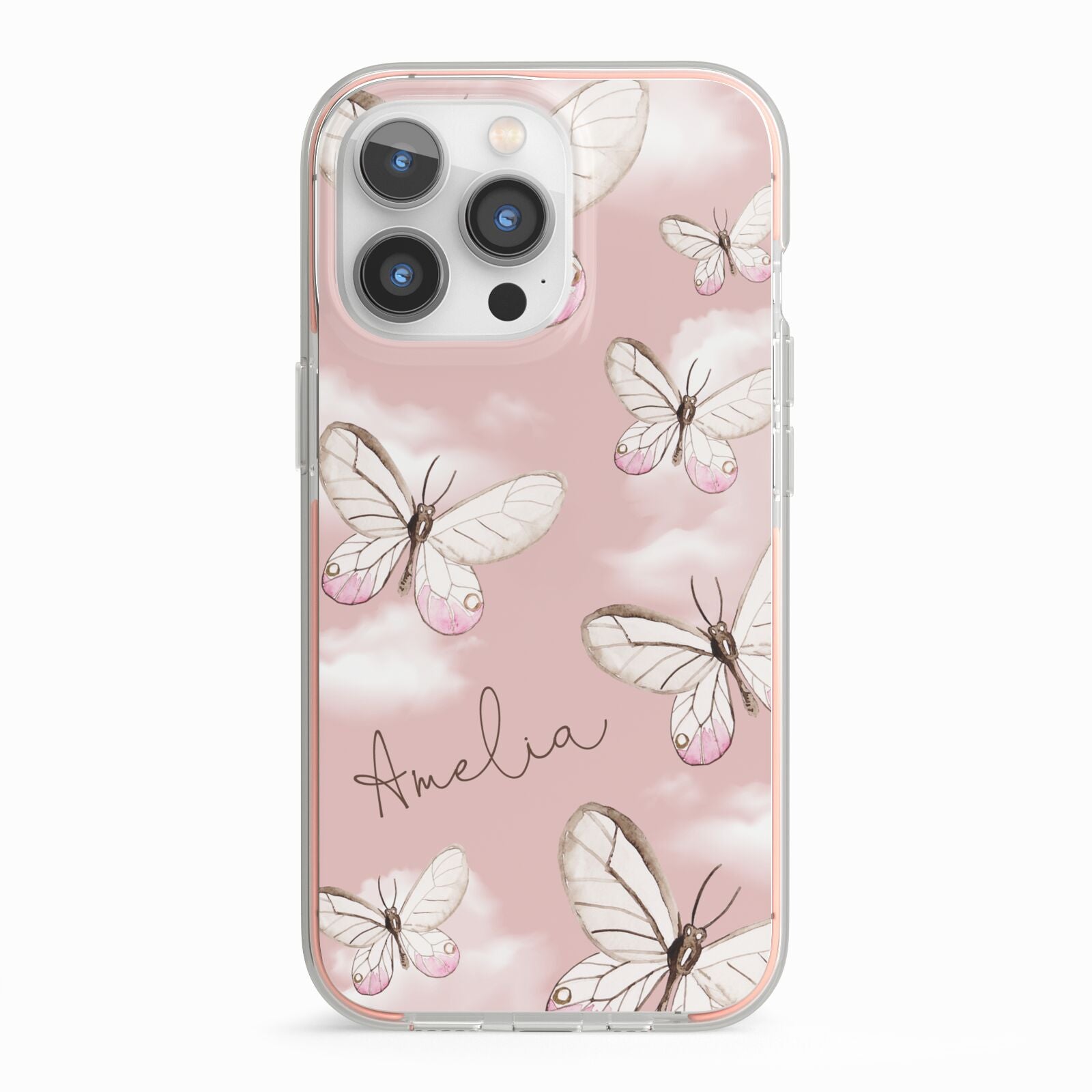 Pink Butterflies Personalised iPhone 13 Pro TPU Impact Case with Pink Edges