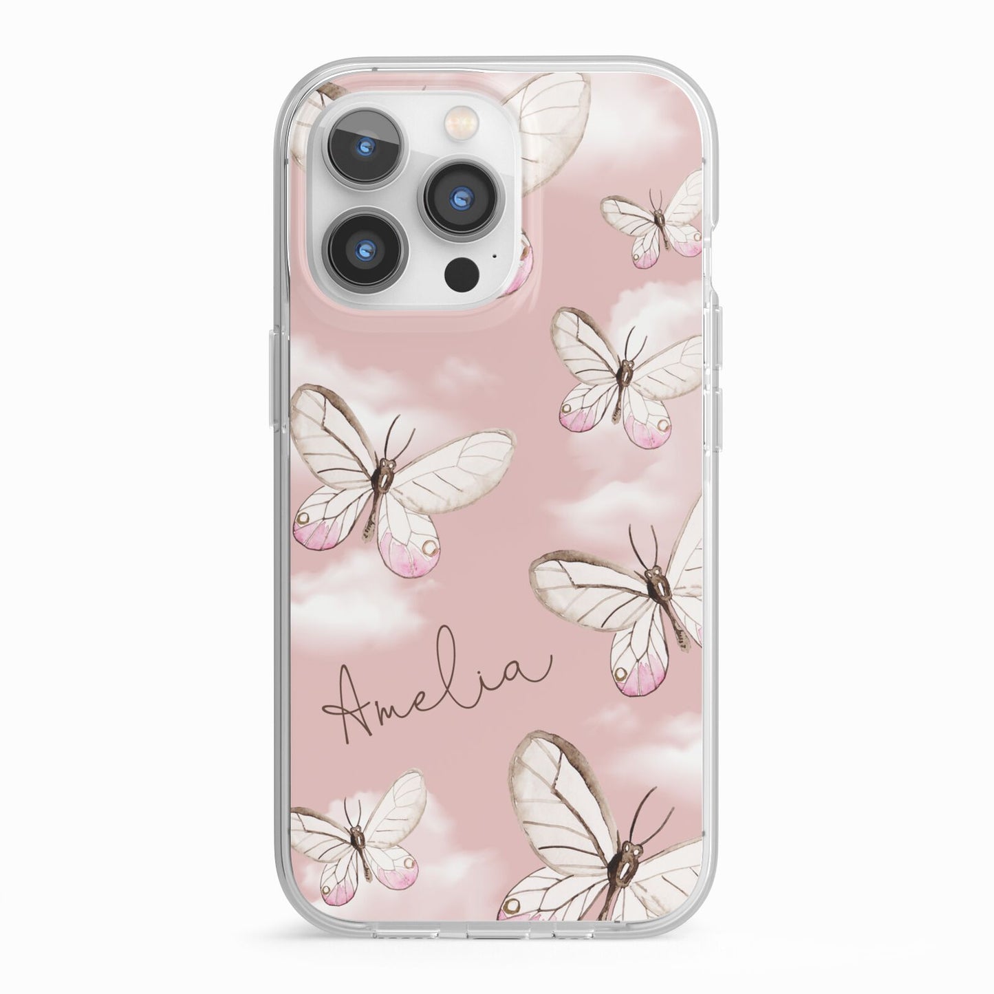 Pink Butterflies Personalised iPhone 13 Pro TPU Impact Case with White Edges