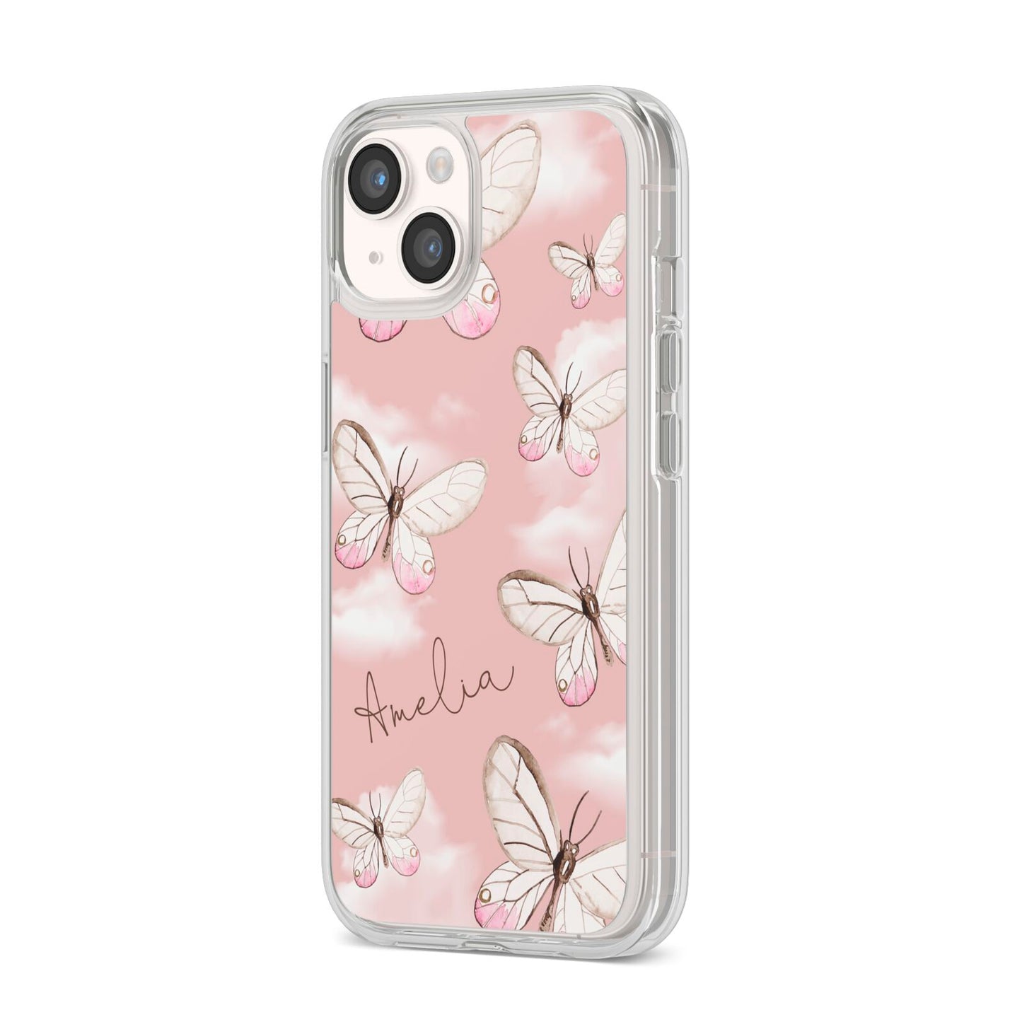 Pink Butterflies Personalised iPhone 14 Clear Tough Case Starlight Angled Image