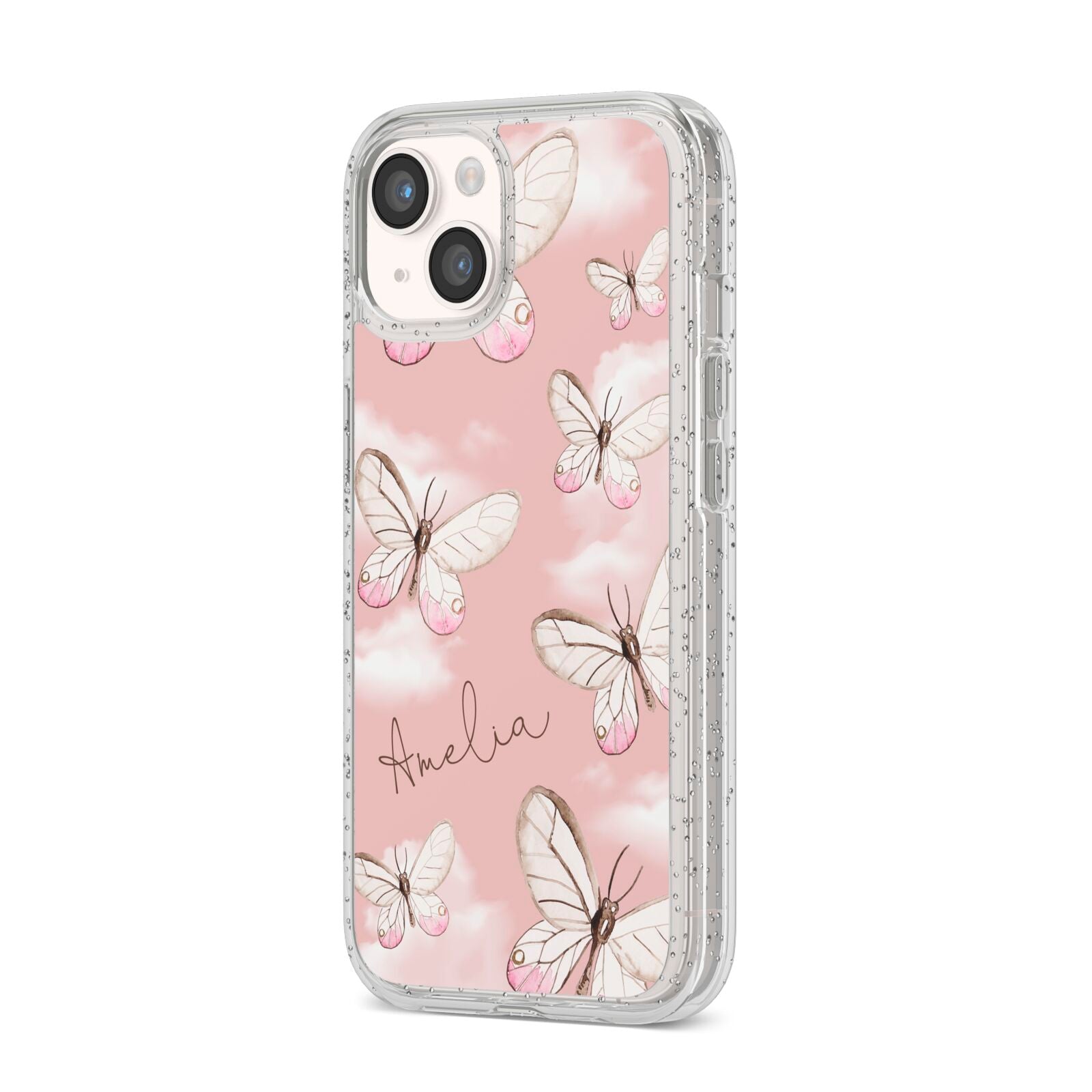 Pink Butterflies Personalised iPhone 14 Glitter Tough Case Starlight Angled Image