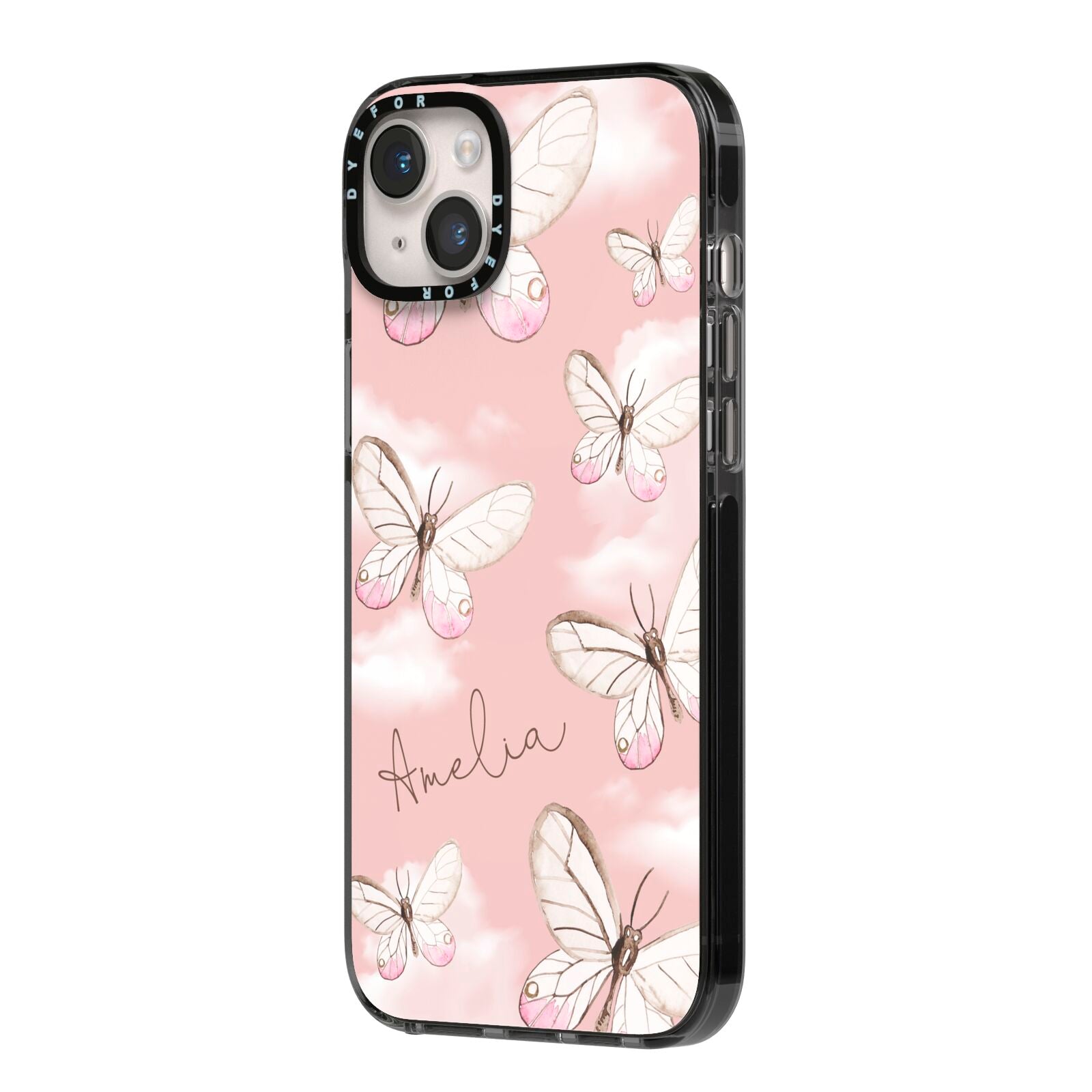 Pink Butterflies Personalised iPhone 14 Plus Black Impact Case Side Angle on Silver phone