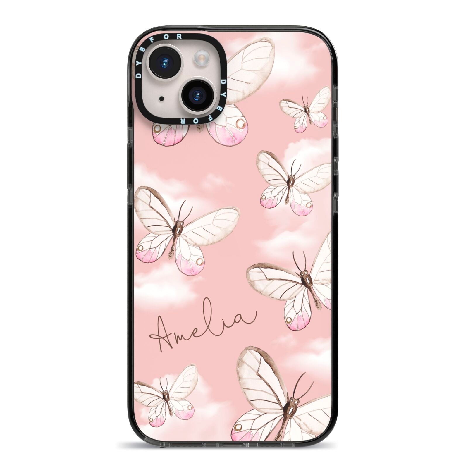 Pink Butterflies Personalised iPhone 14 Plus Black Impact Case on Silver phone